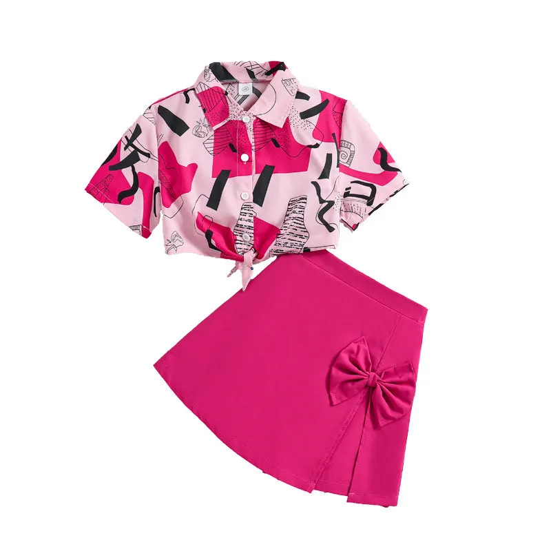 Printed short-sleeved shirt skirt pants two-piece suit