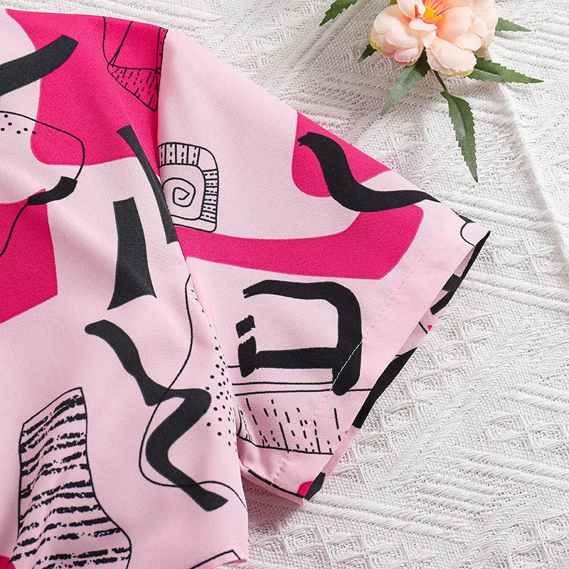Printed short-sleeved shirt skirt pants two-piece suit
