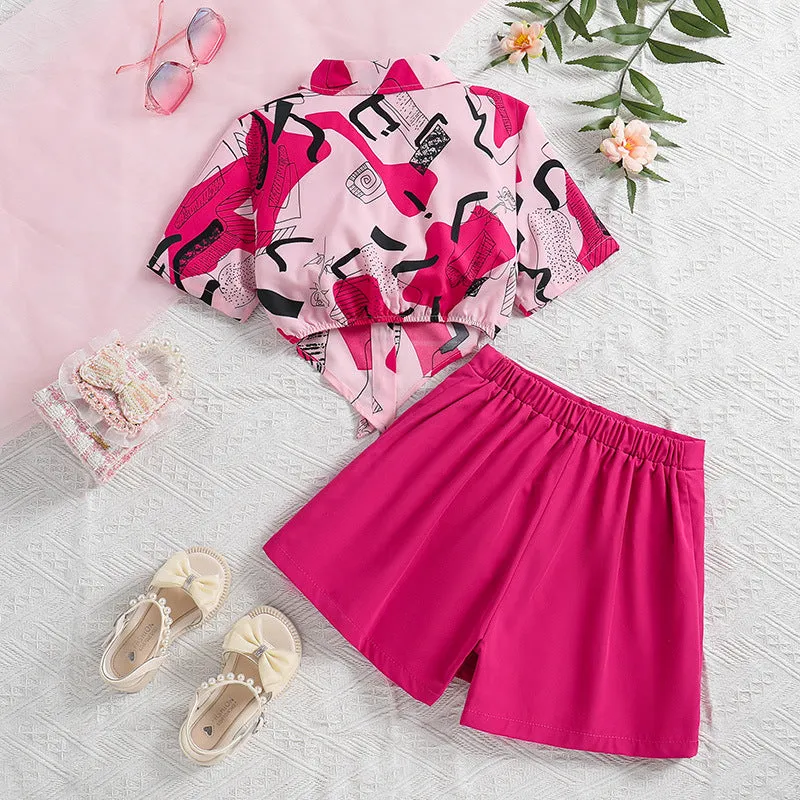Printed short-sleeved shirt skirt pants two-piece suit