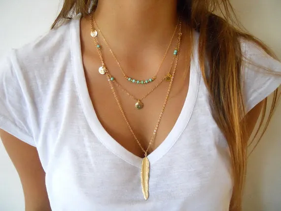 Raven Multi layer Coin Tassel Feather Choker Necklaces