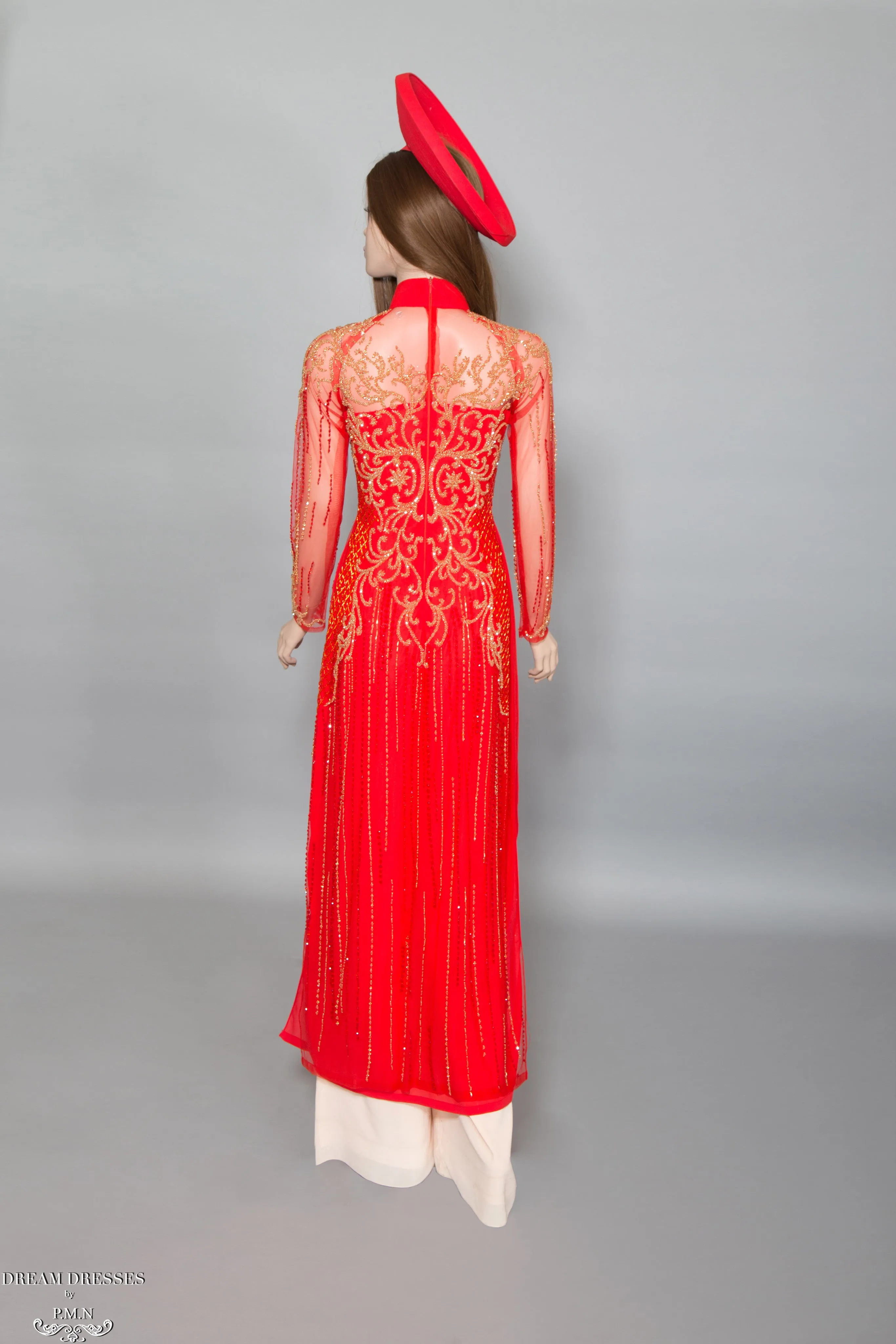 Red Ao Dai with Gold Embellishment | Vietnamese Bridal Dress (#DALYA)