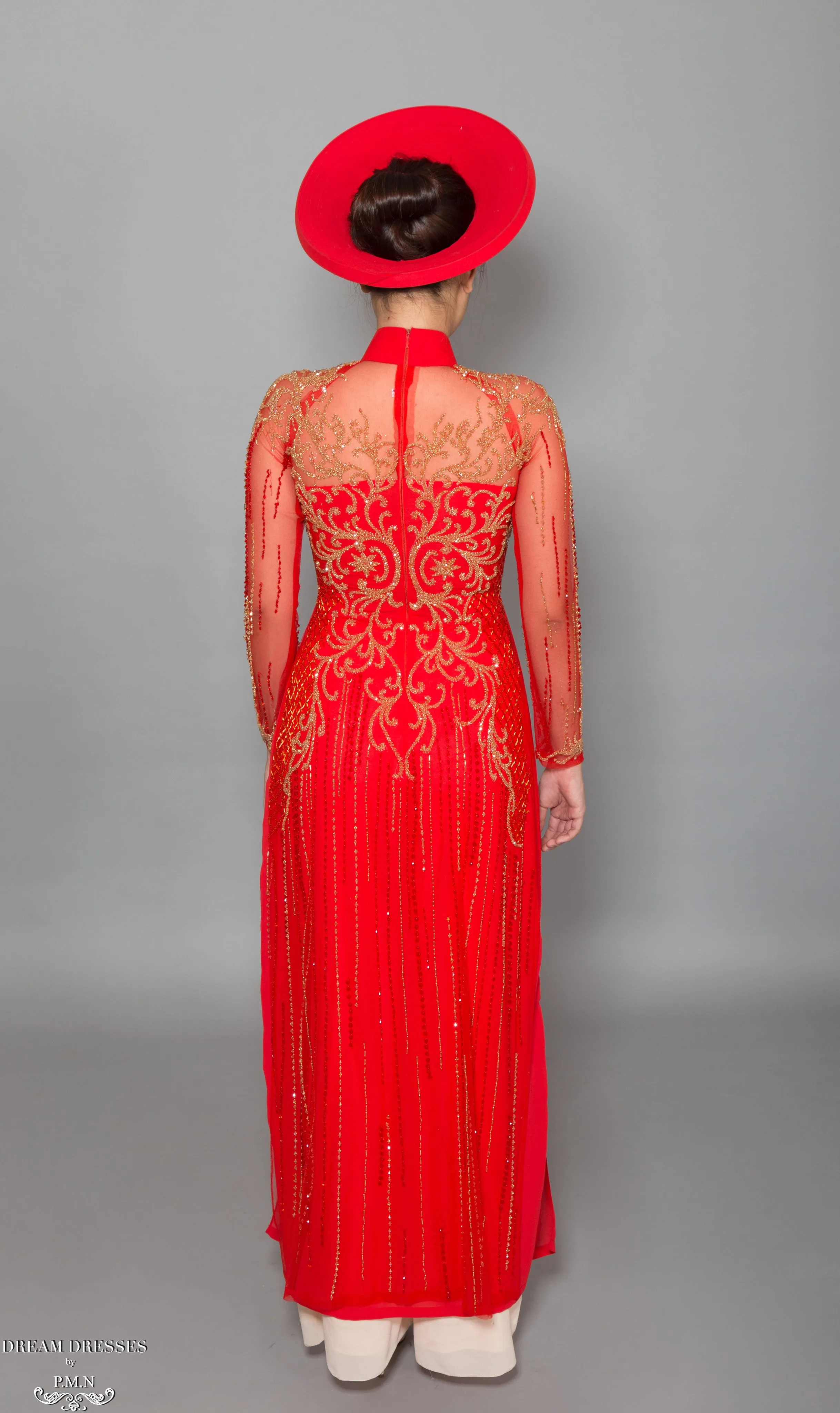 Red Ao Dai with Gold Embellishment | Vietnamese Bridal Dress (#DALYA)