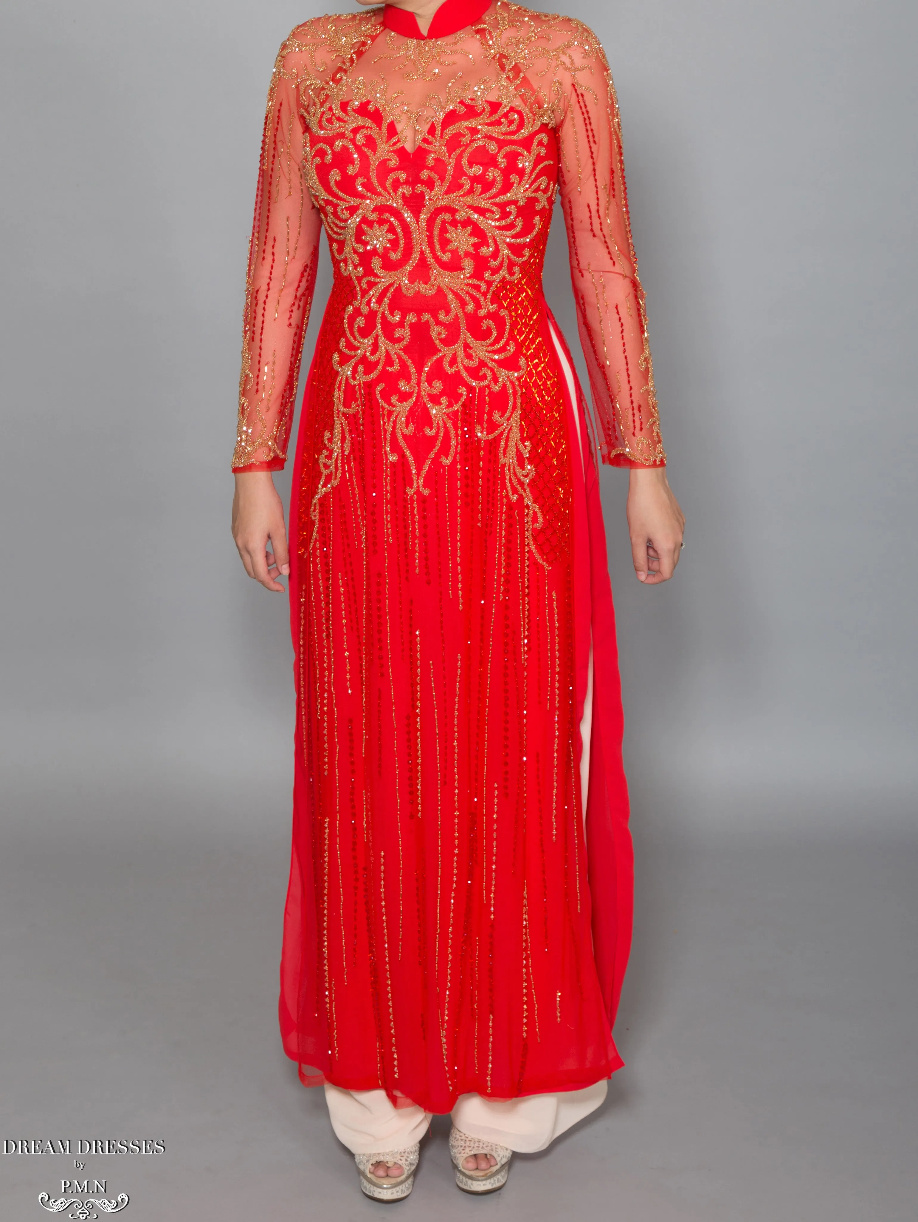 Red Ao Dai with Gold Embellishment | Vietnamese Bridal Dress (#DALYA)