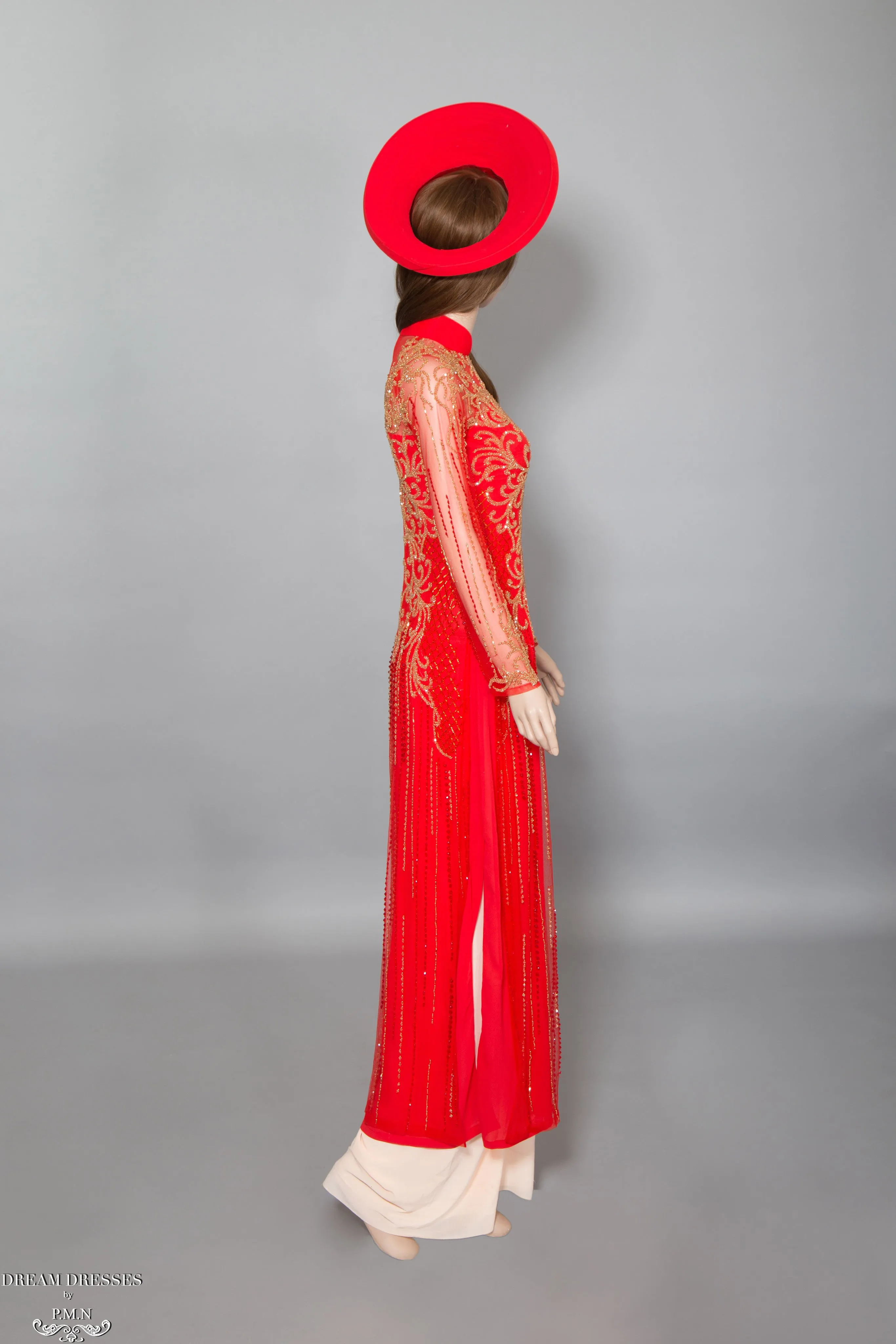 Red Ao Dai with Gold Embellishment | Vietnamese Bridal Dress (#DALYA)