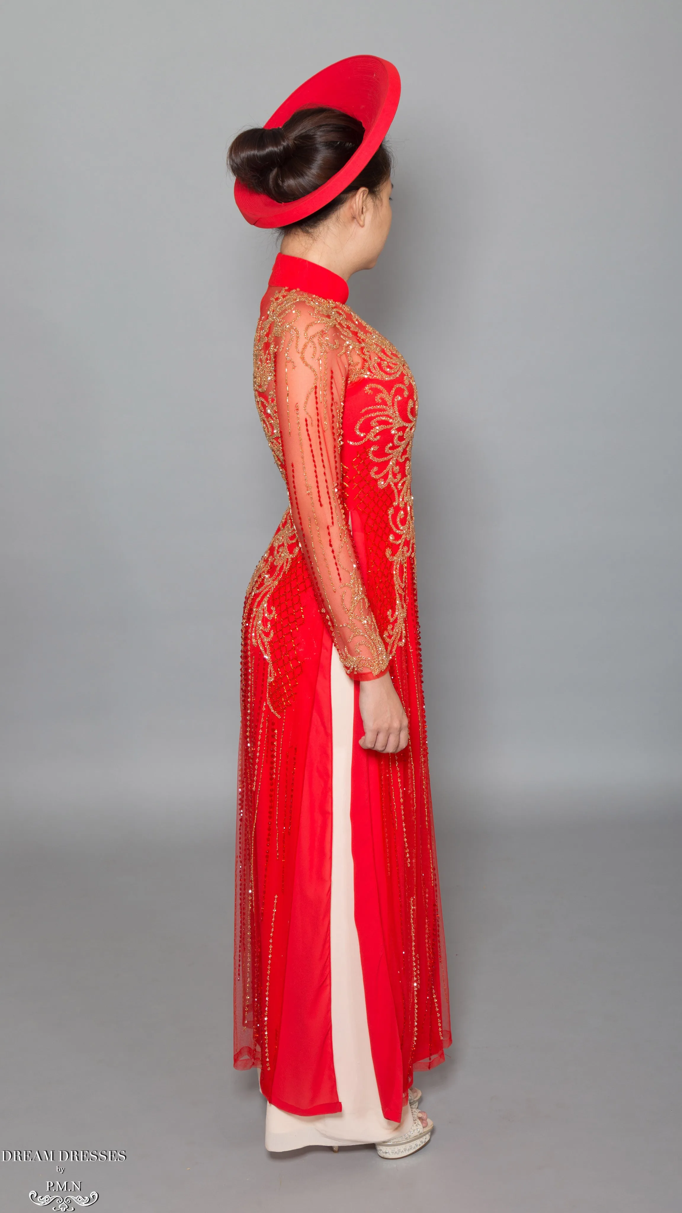 Red Ao Dai with Gold Embellishment | Vietnamese Bridal Dress (#DALYA)