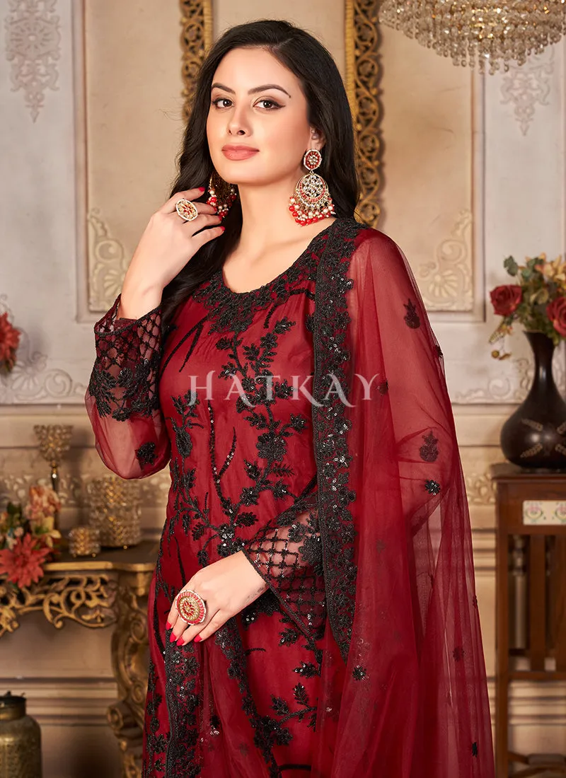 Red Zari Embroidered Pant Style Suit