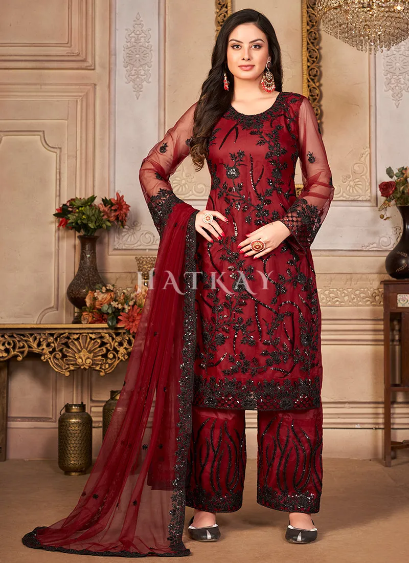 Red Zari Embroidered Pant Style Suit