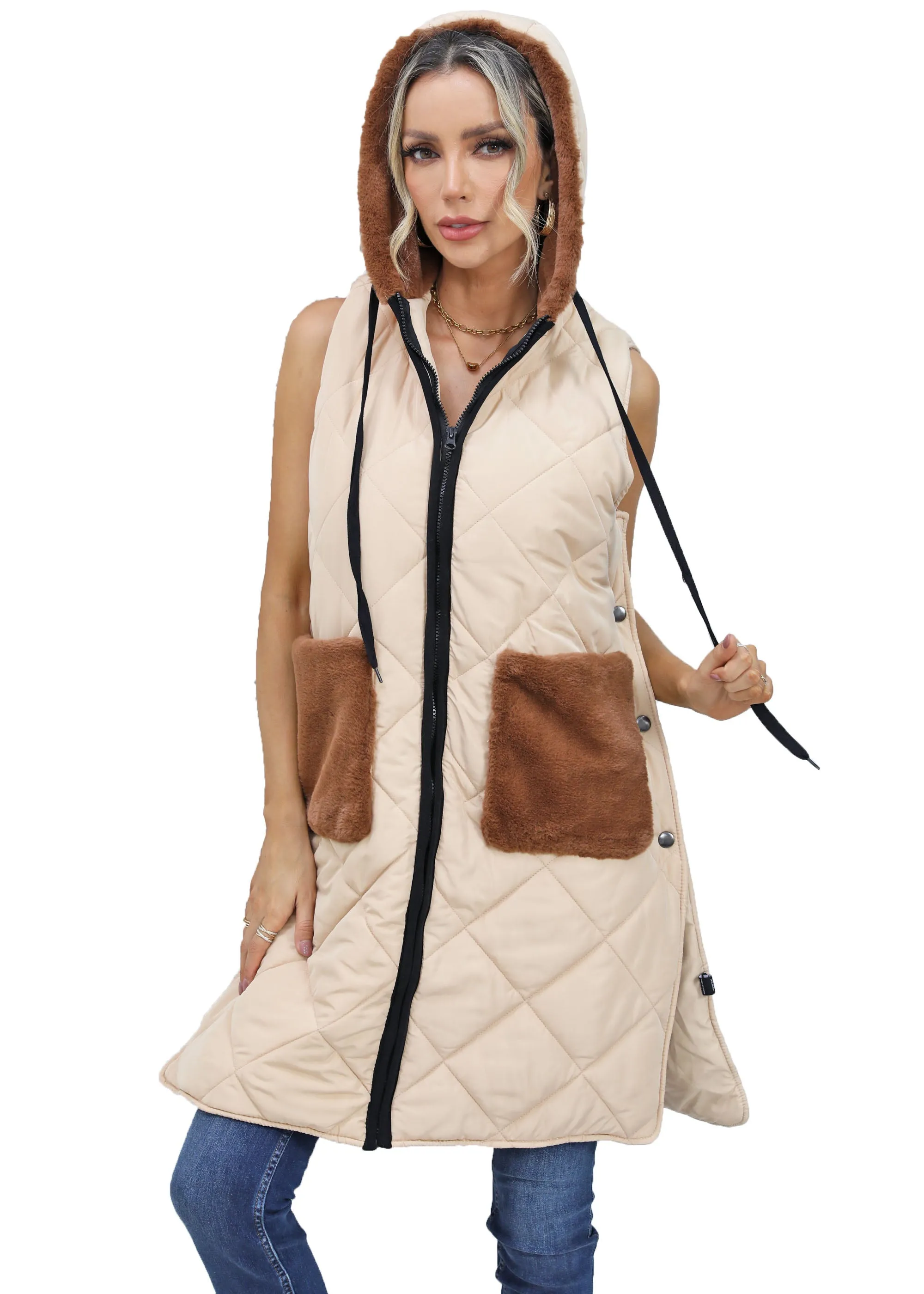 Roffe Long Faux Fur Trimmed Quilted Vest