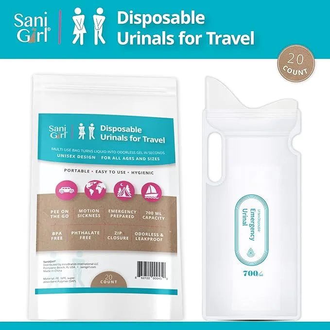 SaniGirl Female Urinal | Disposable Pee Bags for Travel for Women Men Kids Emergency Urinal Sanitary Travel Toilet and Car Sick Bags Disposable Urinals Personal Hygiene Travel Camping (Pack of 20)
