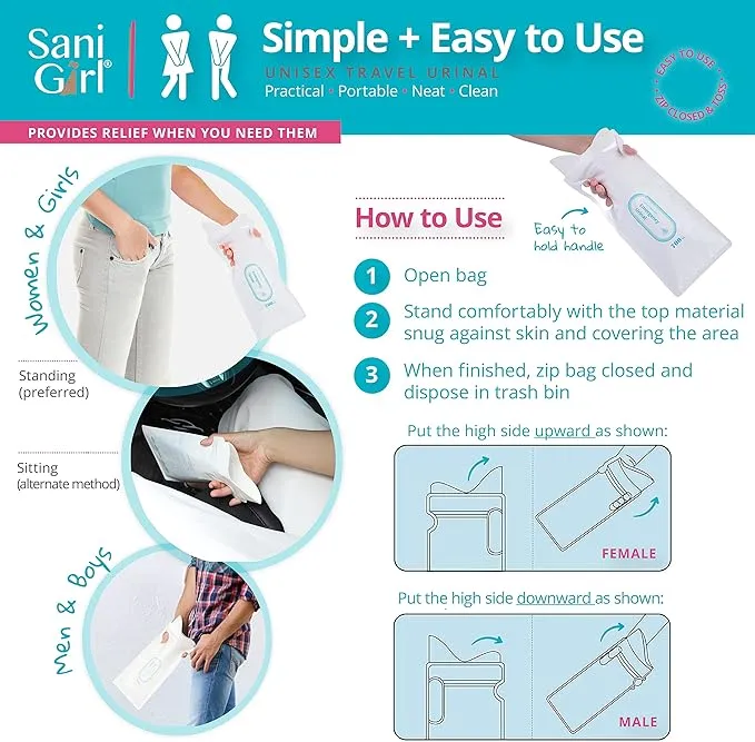 SaniGirl Female Urinal | Disposable Pee Bags for Travel for Women Men Kids Emergency Urinal Sanitary Travel Toilet and Car Sick Bags Disposable Urinals Personal Hygiene Travel Camping (Pack of 20)