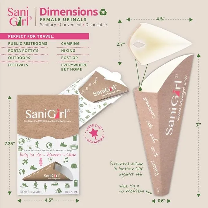 SaniGirl Womens Urination Device | Disposable Pee Funnel | Travel Urinal for Women | Girls Stand to Pee | Female Urination Device Disposable Pee Cups | Bundle 20 Funnels Travel Hiking Festival Camping