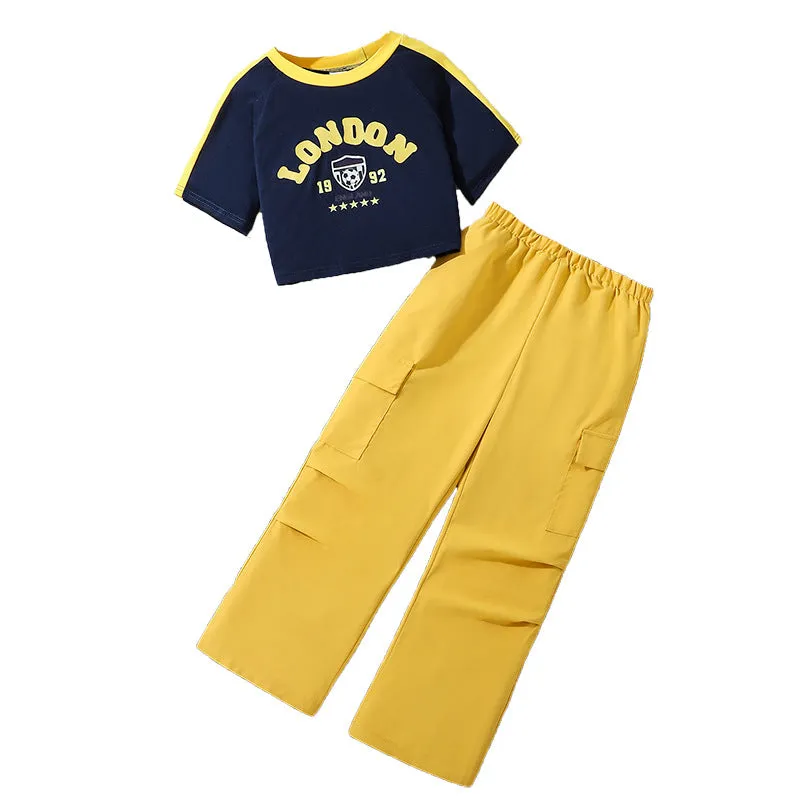 Short slim letter short-sleeved Y2K T-shirt casual wide-leg pants two-piece suit FD