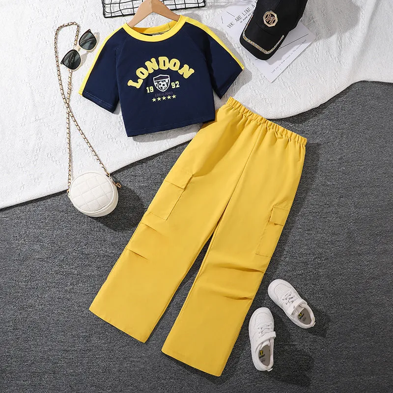 Short slim letter short-sleeved Y2K T-shirt casual wide-leg pants two-piece suit FD