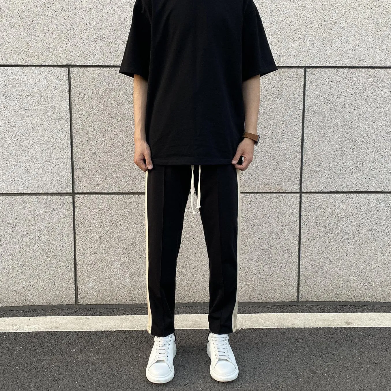 Side Apricot Striped Slim Pants