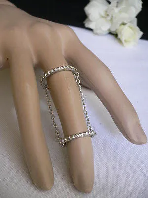 Silver Metal Band Elastic Chic Double Chain Rhinestones Ring Women Hot