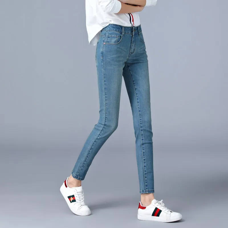 Skinny High Waist Denim Pants with Pencil Cut and Full Length