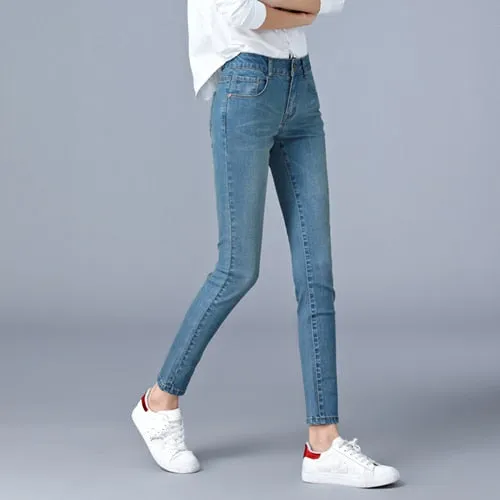 Skinny High Waist Denim Pants with Pencil Cut and Full Length