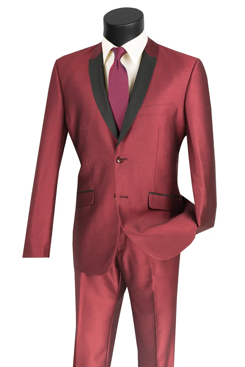 Slim Fit Shiny Sharkskin 2 Piece Suit (Maroon) S2PS-1