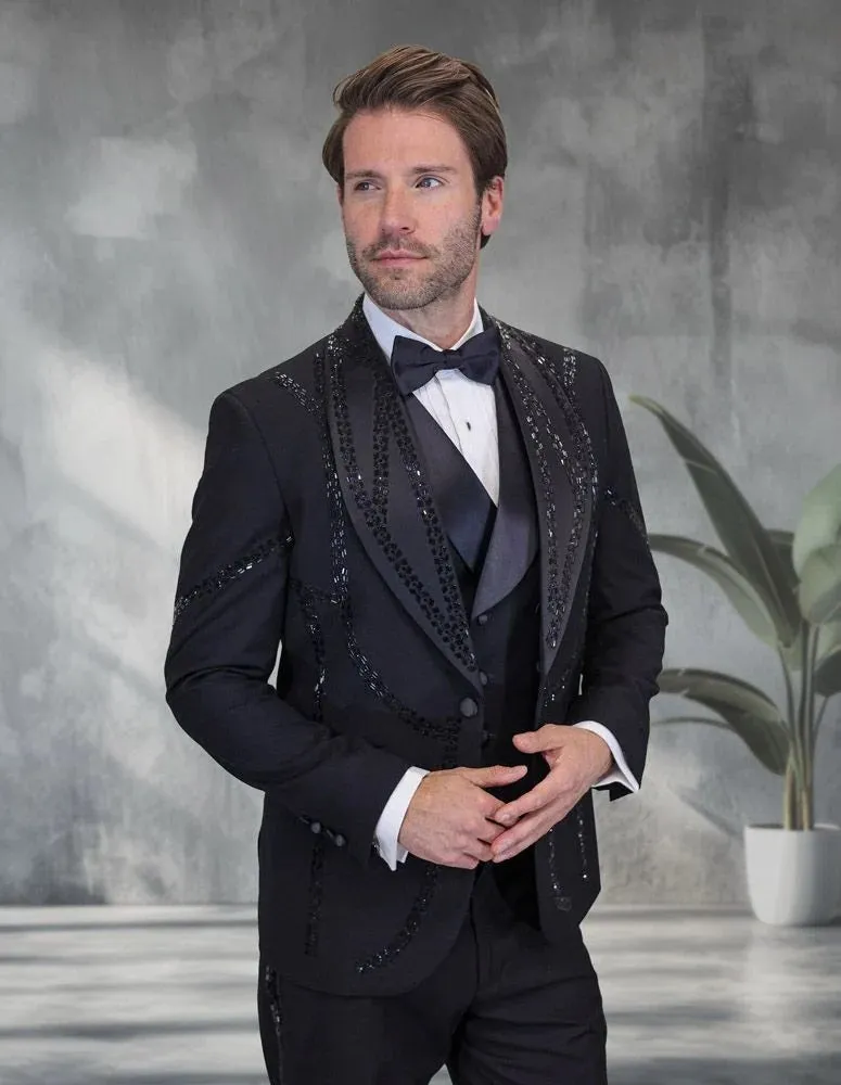 Statement Men's 3-Piece Modern Fit Tuxedo – Elegant Gemstone Pattern Design