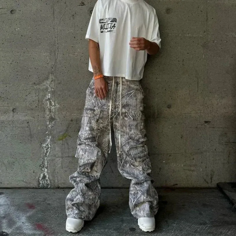 Streetwear Vintage Y2K Cargo Pants Mens Spring Summer Fashionable Multi-pockets Cargo Trousers Men Hip Hop Loose Straight Pants