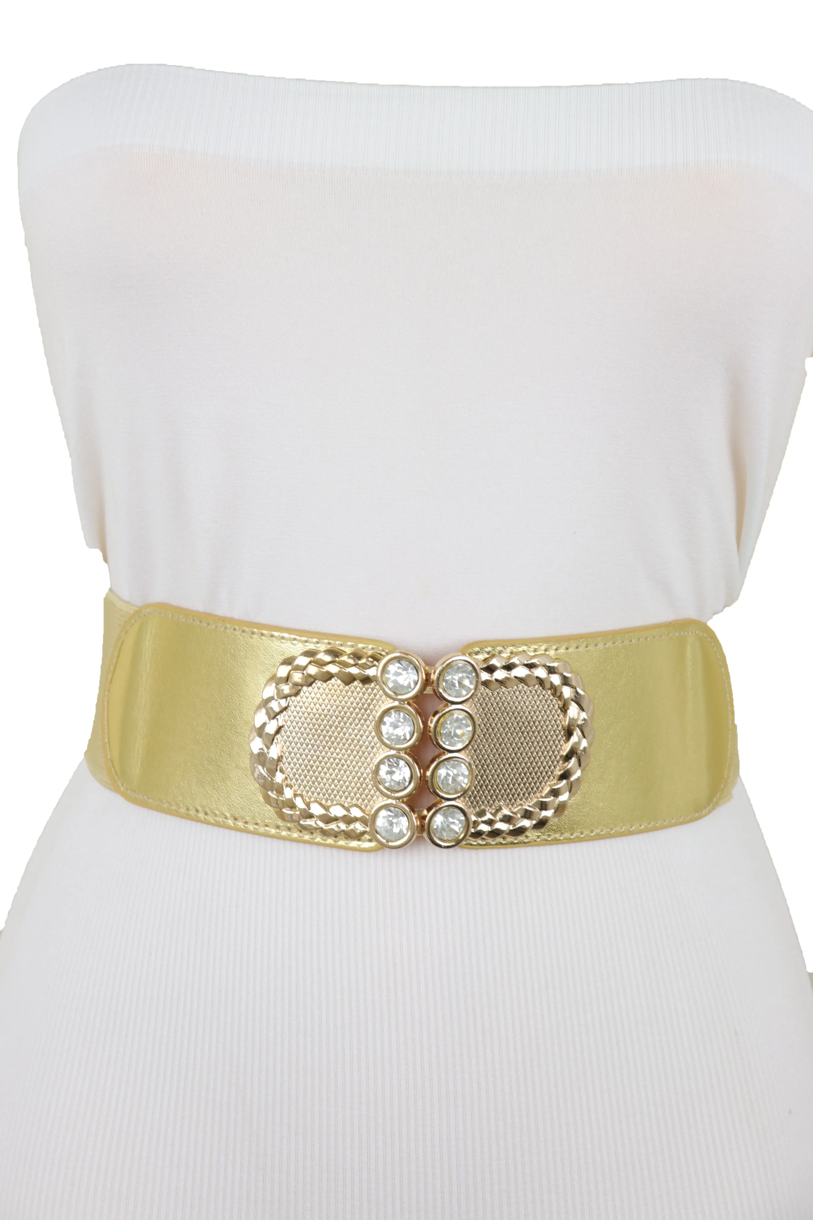 Style Women Gold Elastic Belt Bling Metal Buckle Size S M
