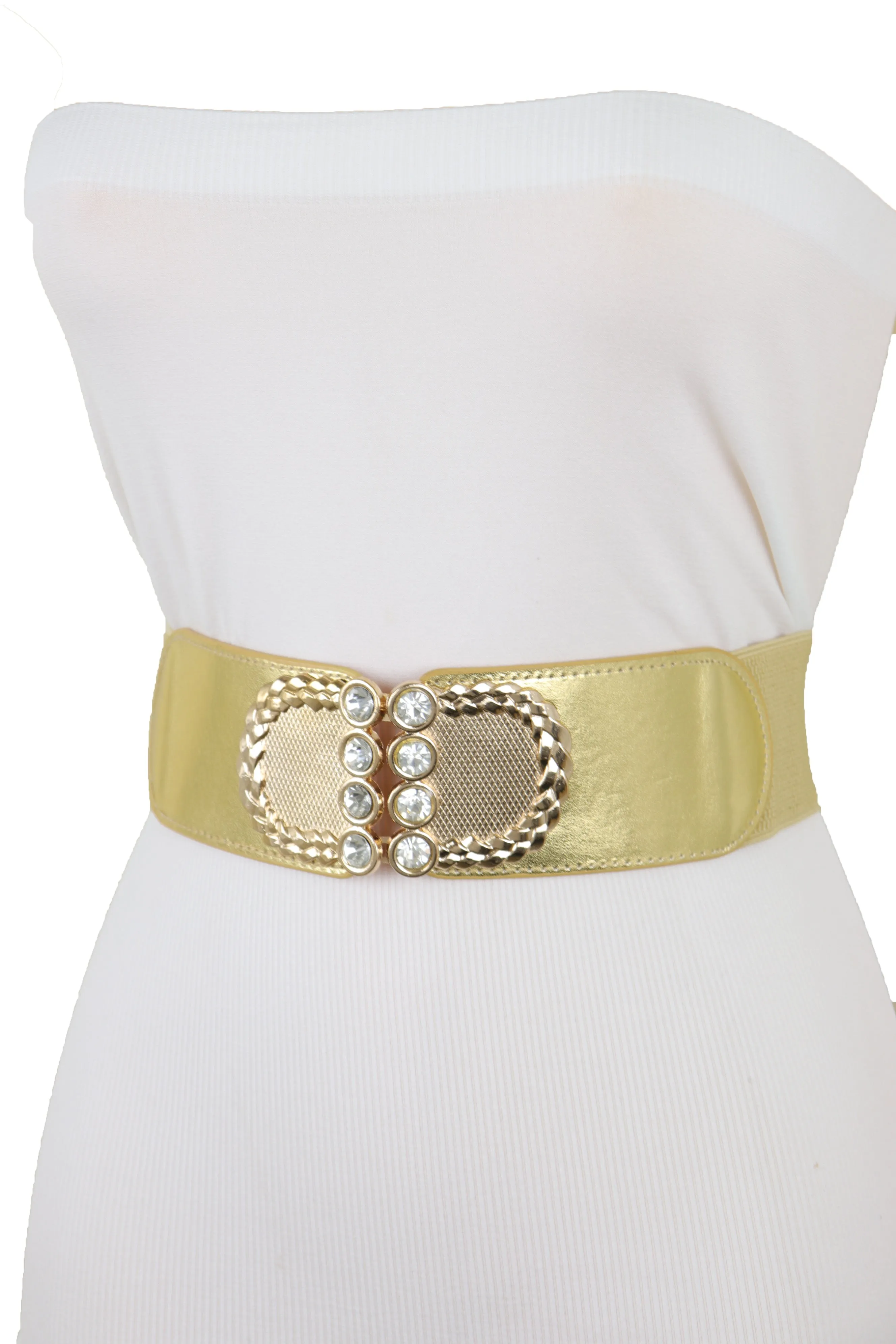 Style Women Gold Elastic Belt Bling Metal Buckle Size S M