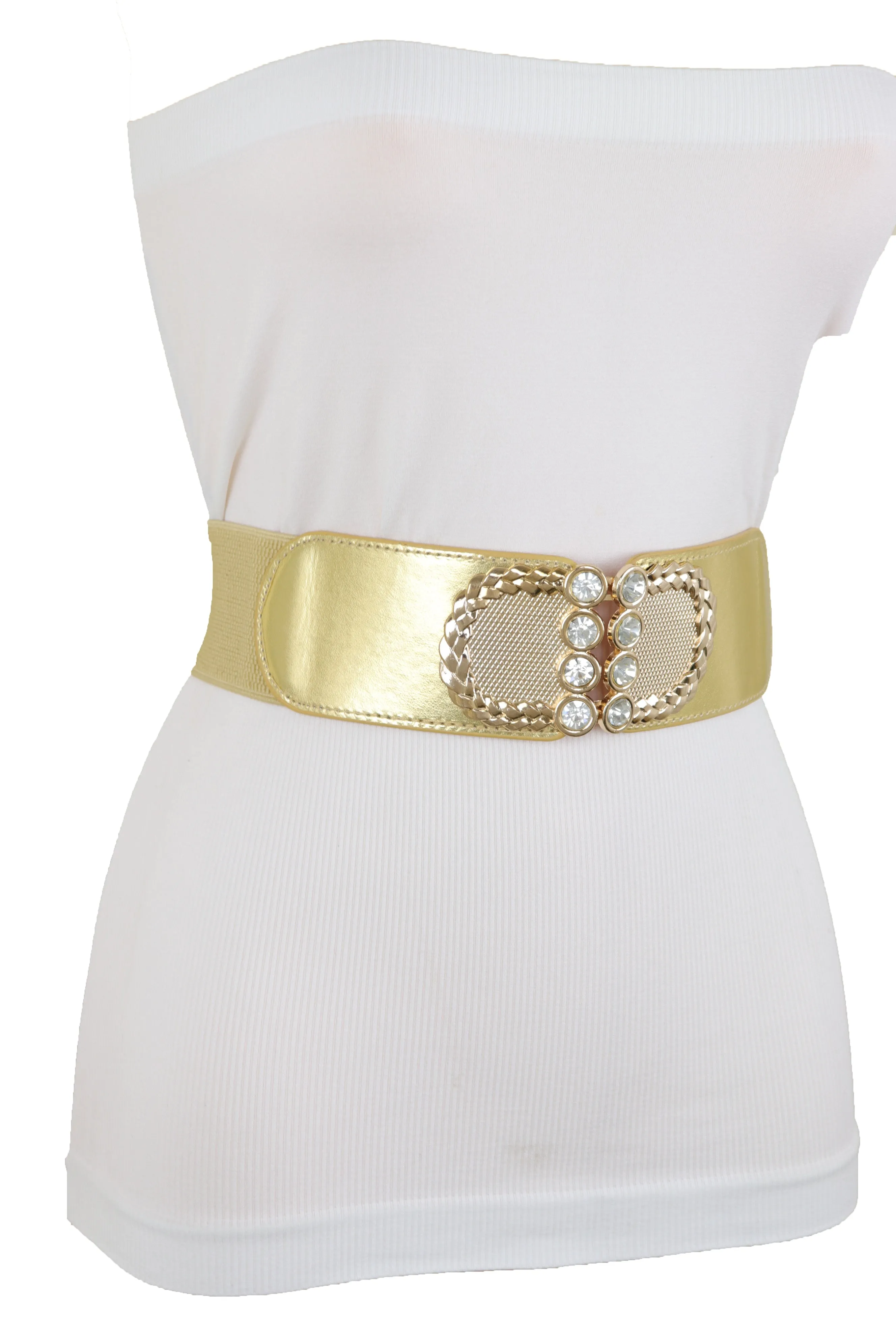 Style Women Gold Elastic Belt Bling Metal Buckle Size S M