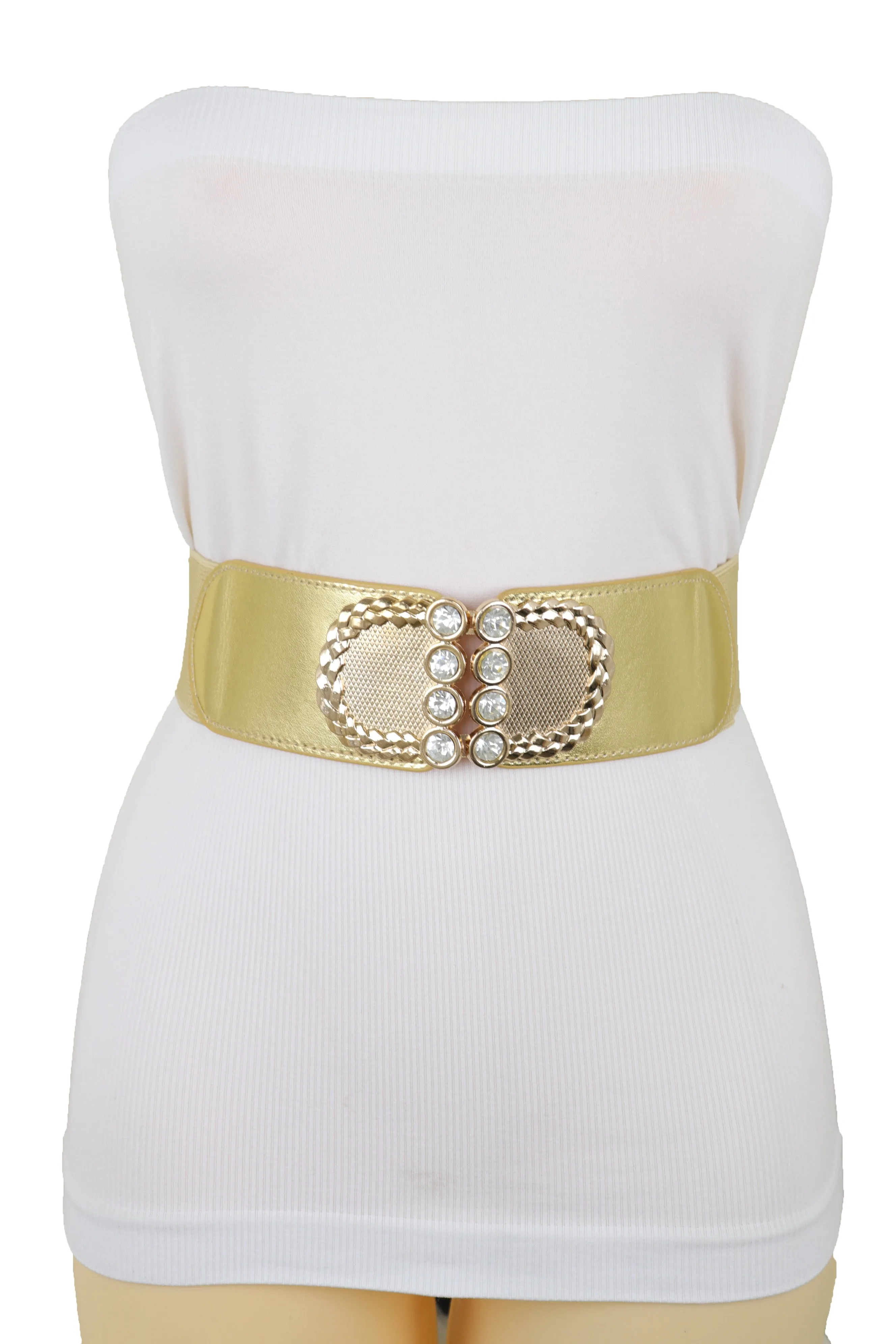 Style Women Gold Elastic Belt Bling Metal Buckle Size S M