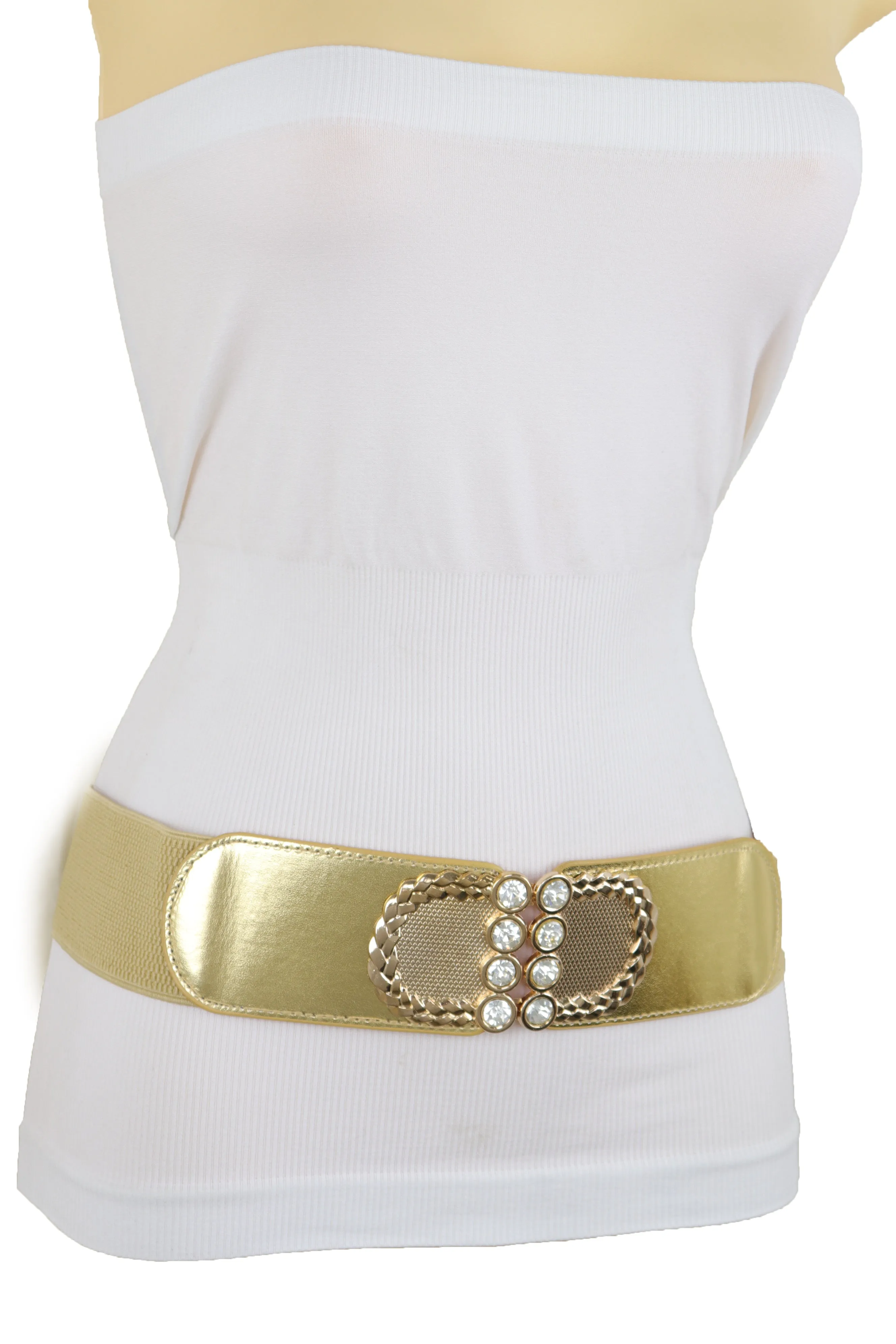 Style Women Gold Elastic Belt Bling Metal Buckle Size S M