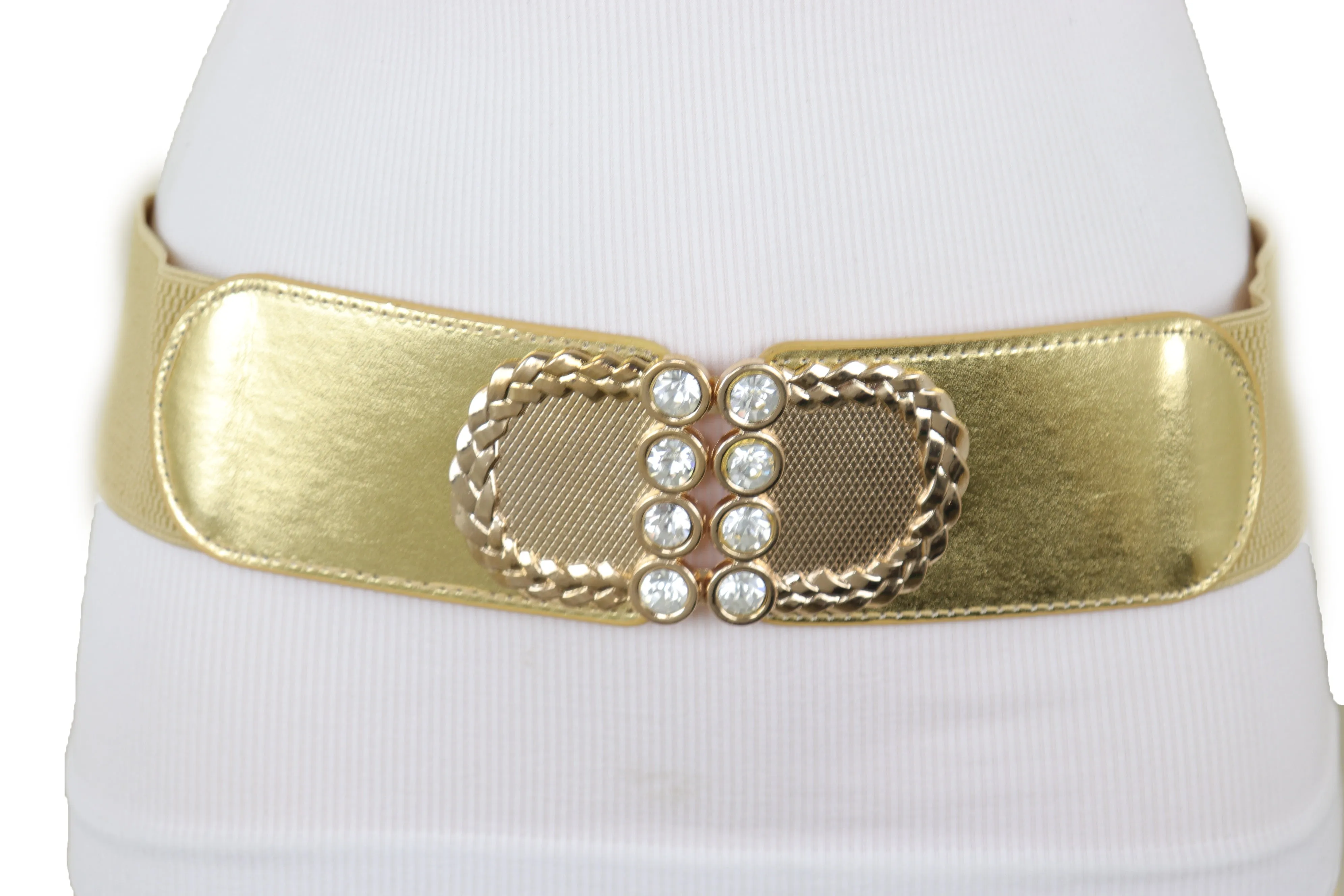 Style Women Gold Elastic Belt Bling Metal Buckle Size S M