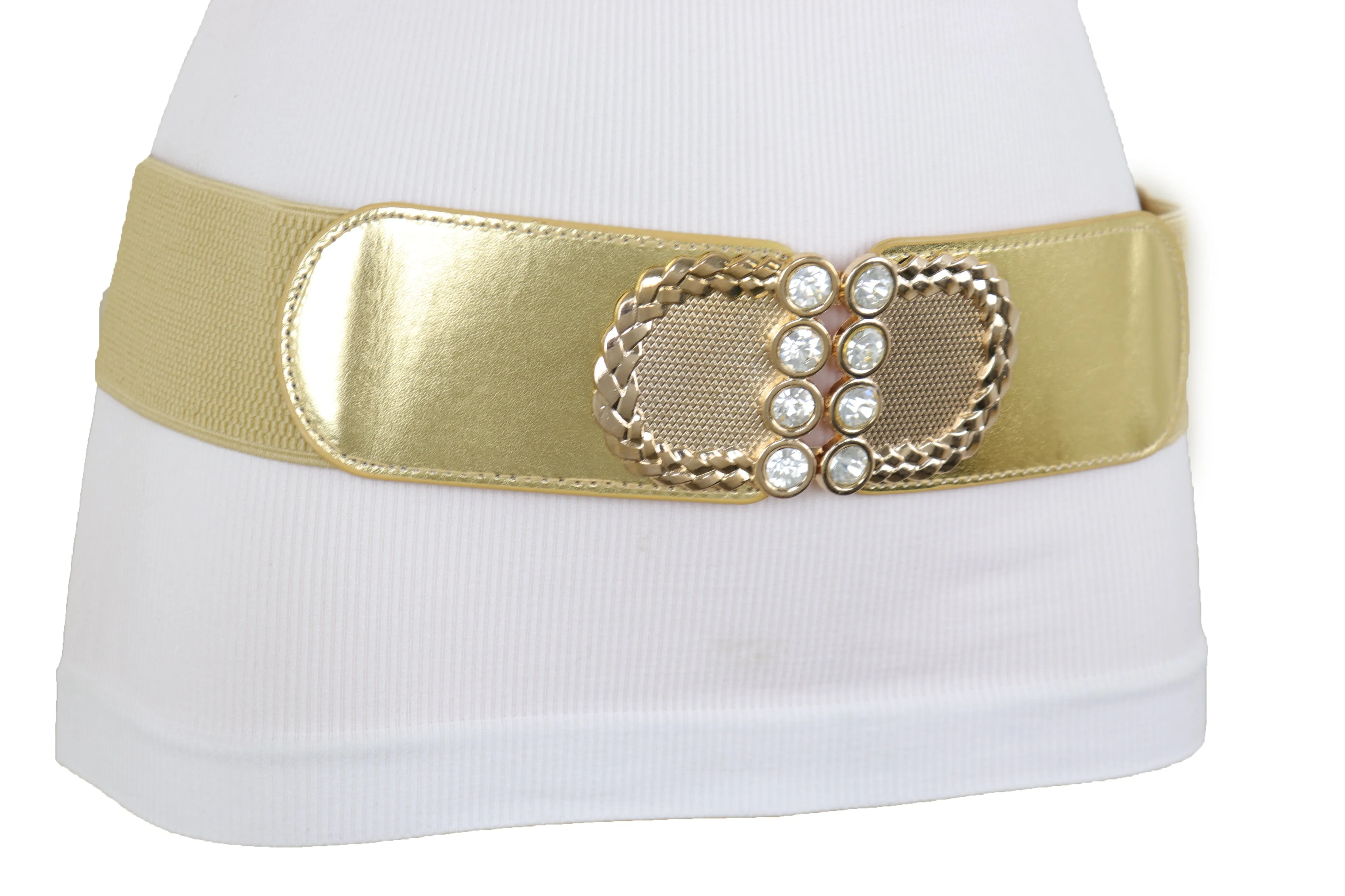 Style Women Gold Elastic Belt Bling Metal Buckle Size S M