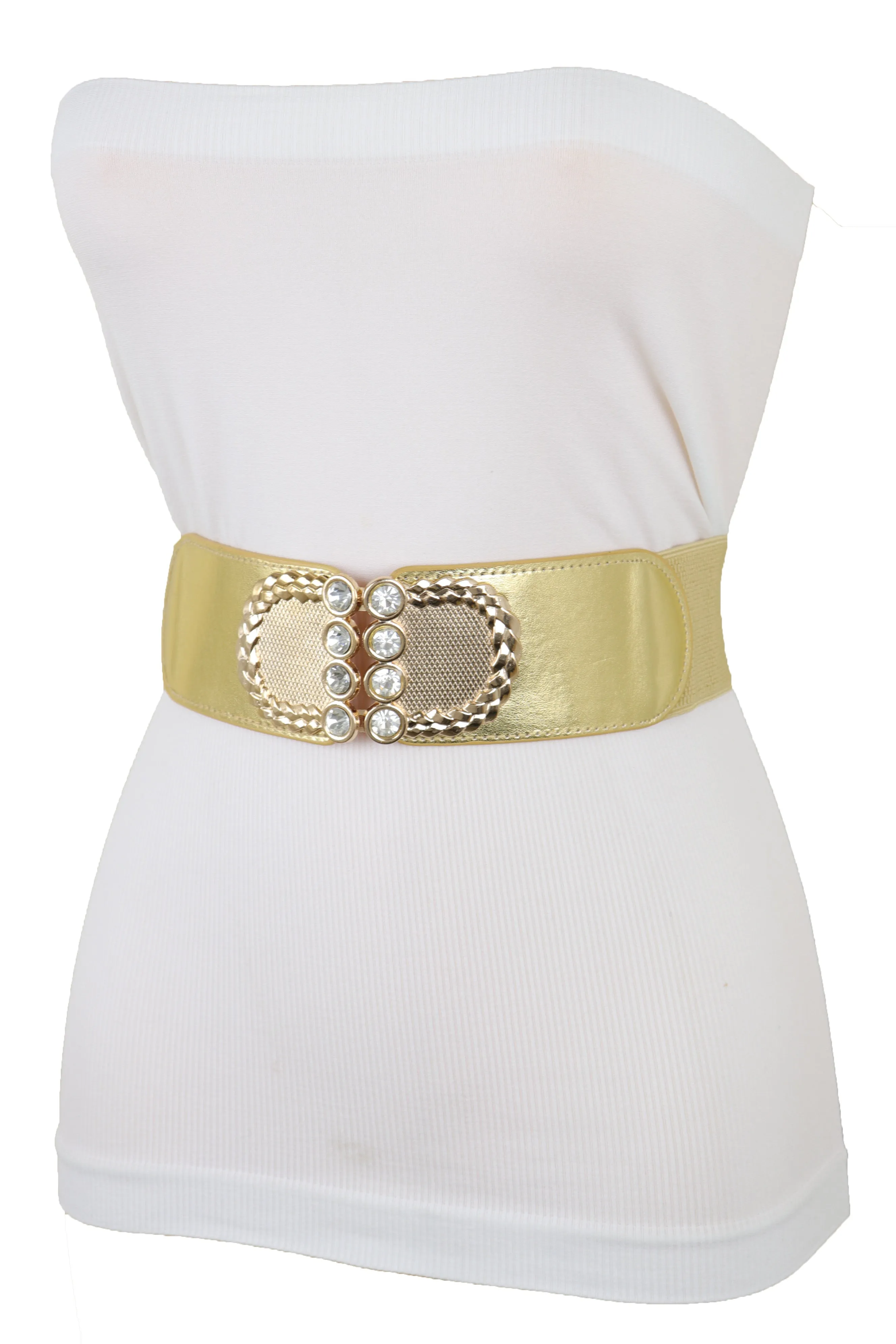 Style Women Gold Elastic Belt Bling Metal Buckle Size S M