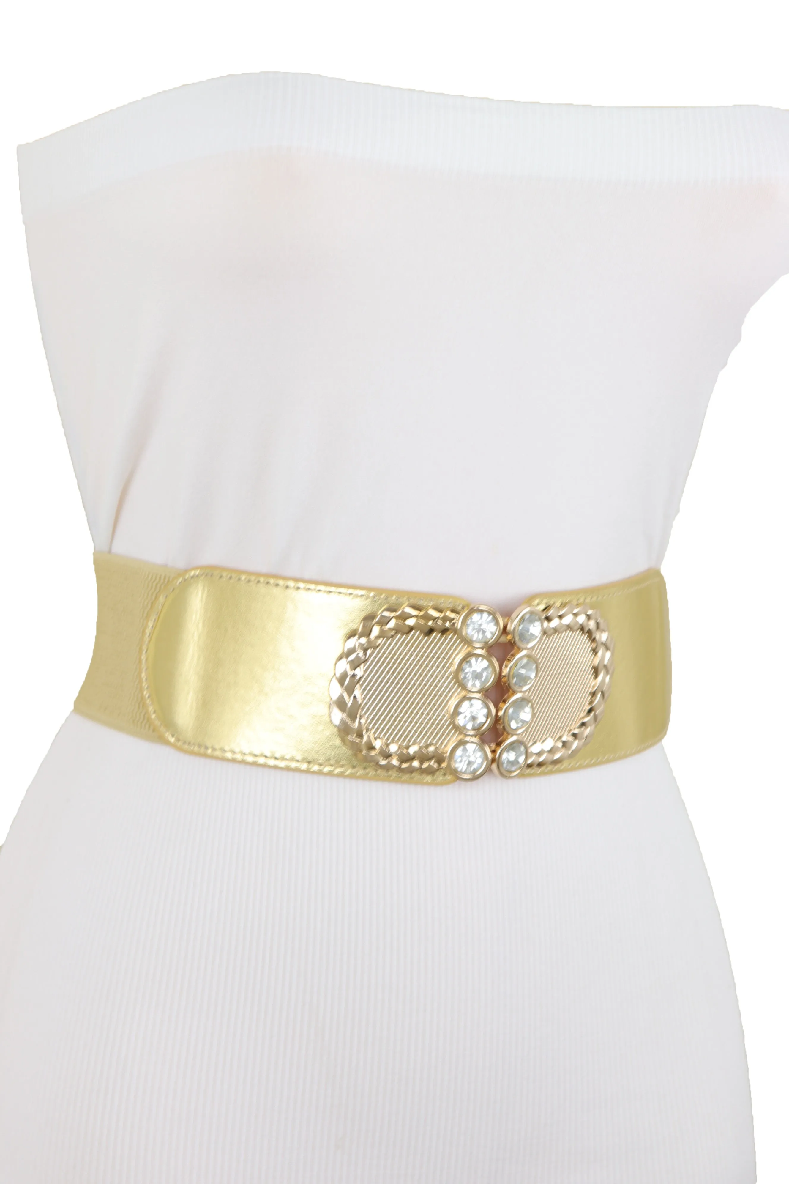 Style Women Gold Elastic Belt Bling Metal Buckle Size S M