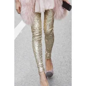 Stylish Elastic Waist Sequined Leggings For Women - Golden M
