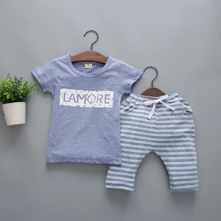 Summer Children Kids Clothes Short Sleeve Cartoon T-Shirt With Striped Pant Boys Clothing Set Sport Suit School Wear Top R5