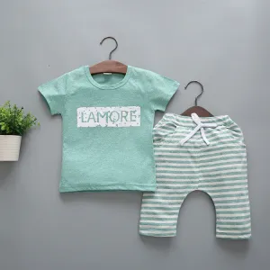 Summer Children Kids Clothes Short Sleeve Cartoon T-Shirt With Striped Pant Boys Clothing Set Sport Suit School Wear Top R5