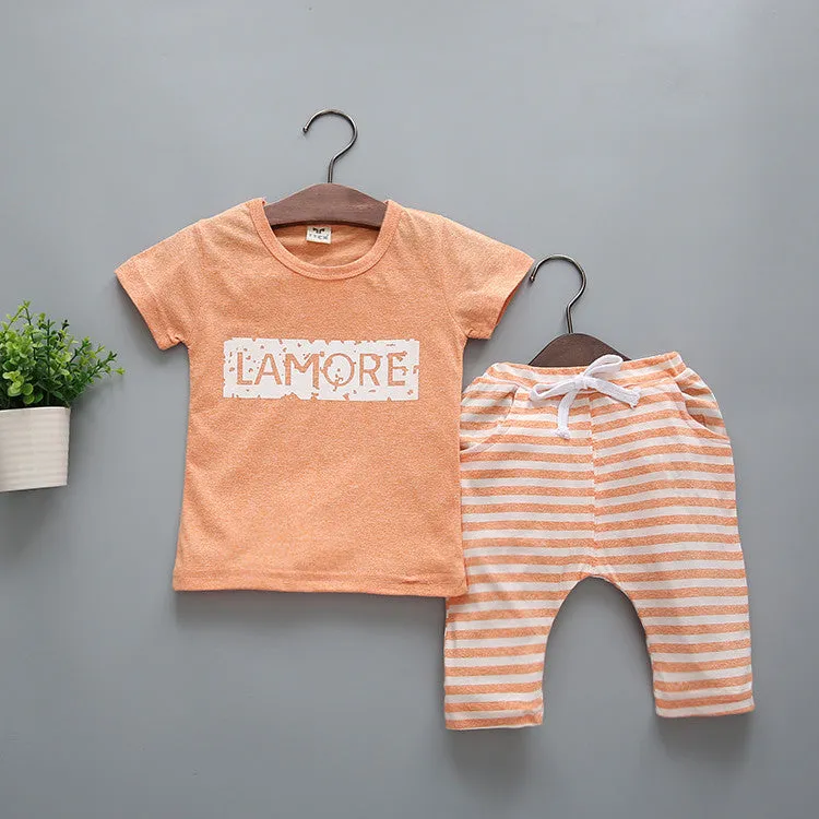 Summer Children Kids Clothes Short Sleeve Cartoon T-Shirt With Striped Pant Boys Clothing Set Sport Suit School Wear Top R5