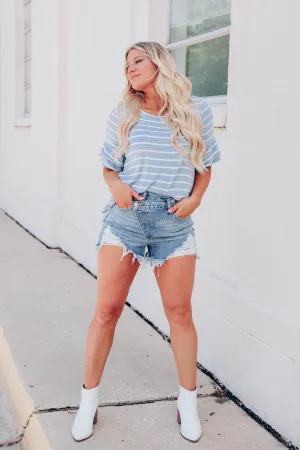 Summer Ruffle Sleeve Top - Denim/Ivory