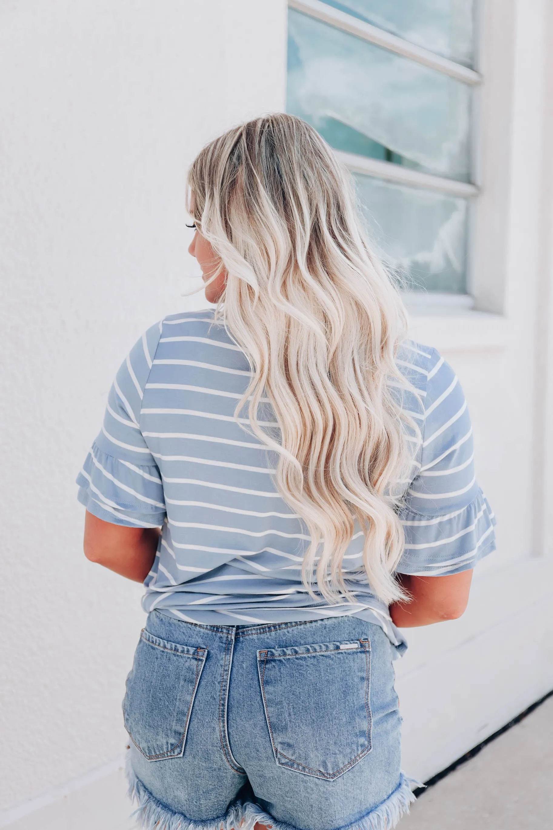 Summer Ruffle Sleeve Top - Denim/Ivory