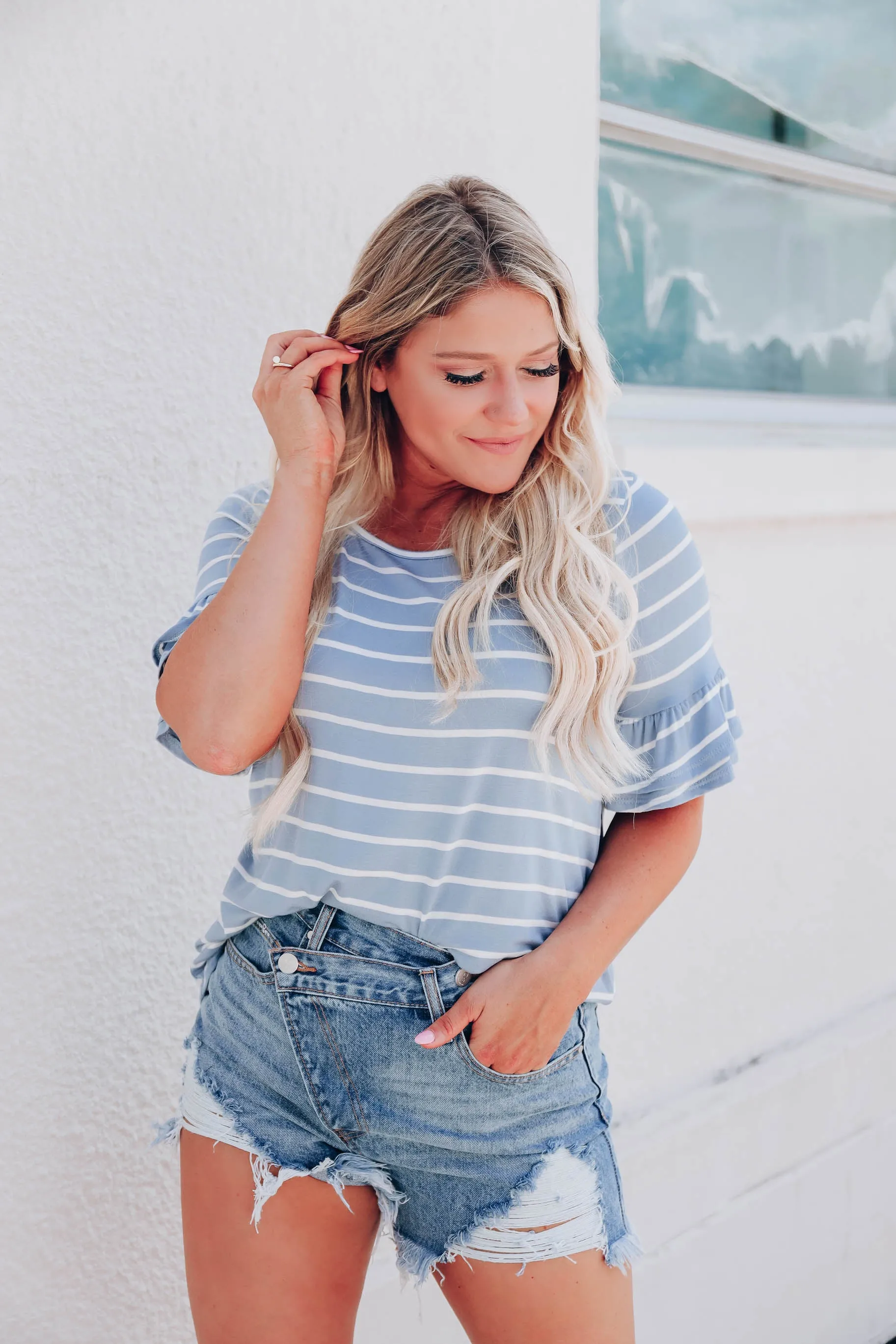 Summer Ruffle Sleeve Top - Denim/Ivory
