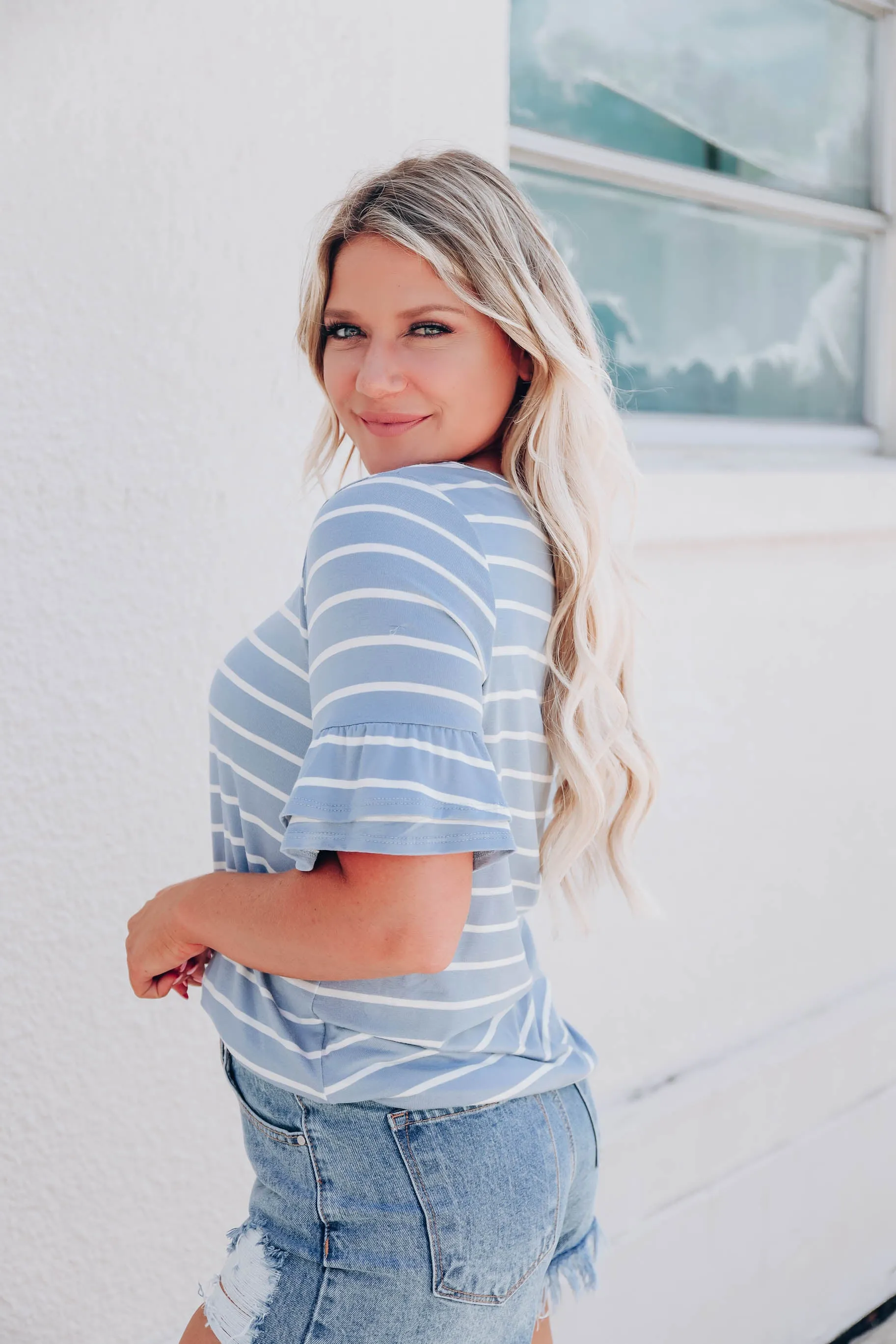 Summer Ruffle Sleeve Top - Denim/Ivory
