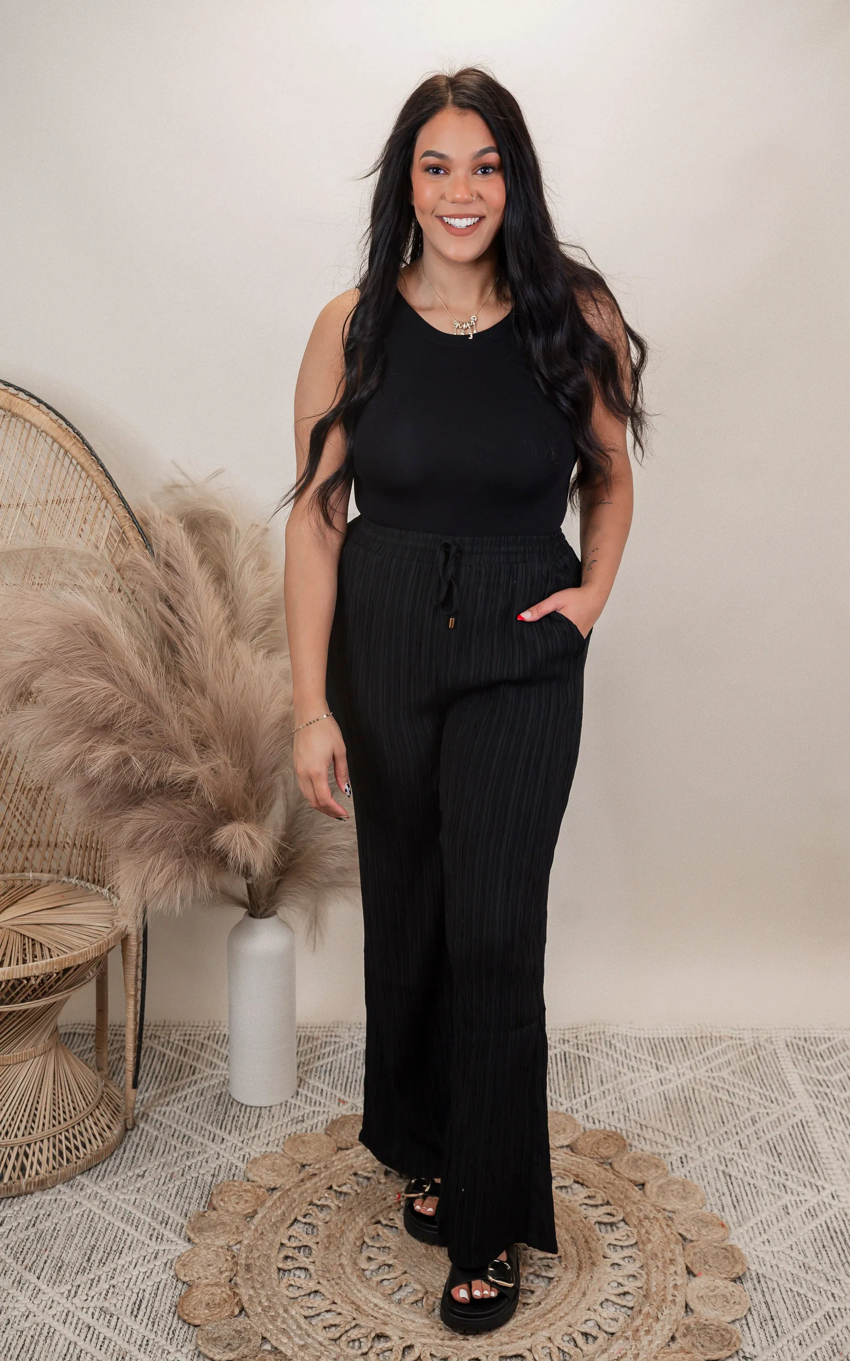 Textured Woven Tie Waist Pants