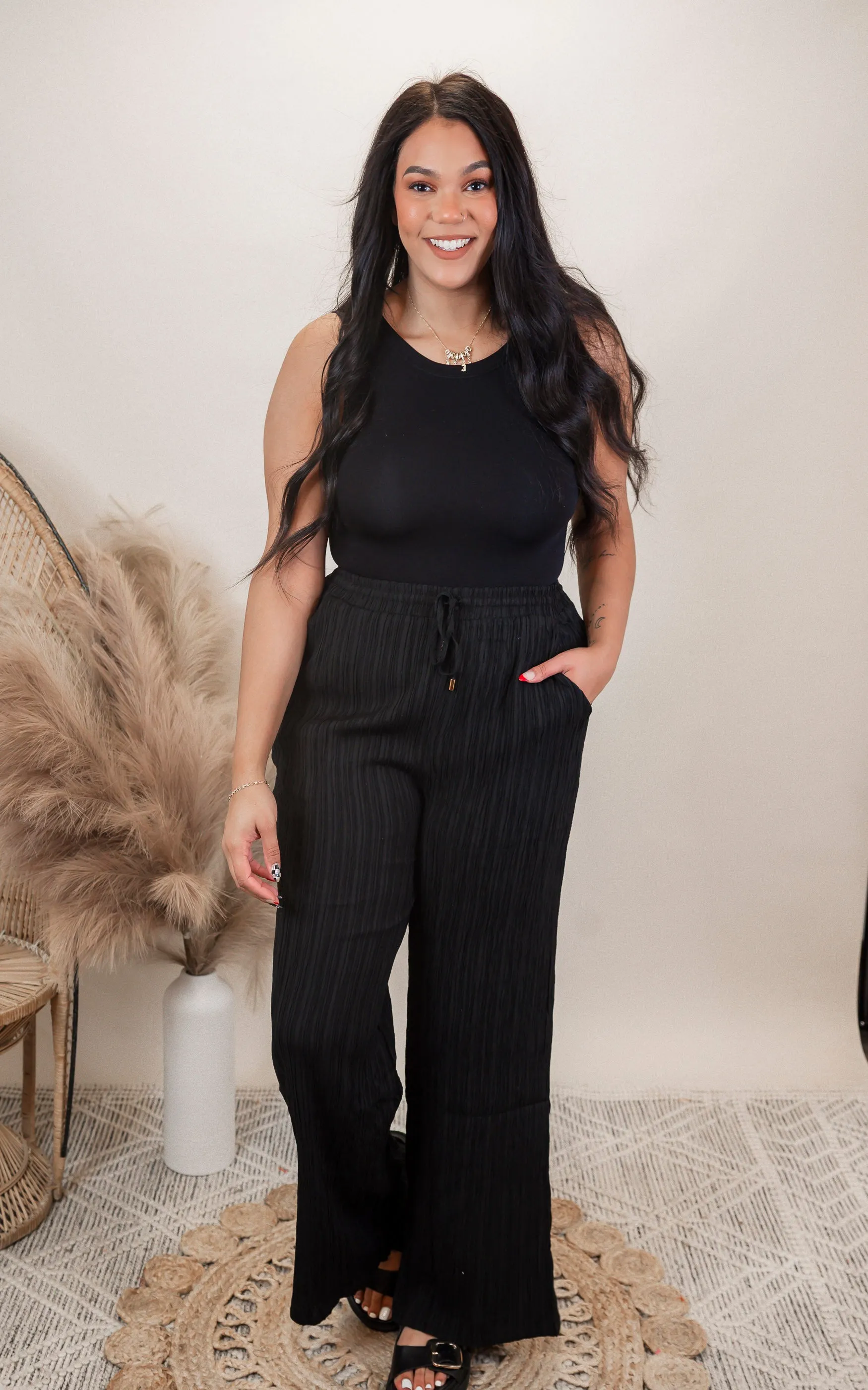 Textured Woven Tie Waist Pants