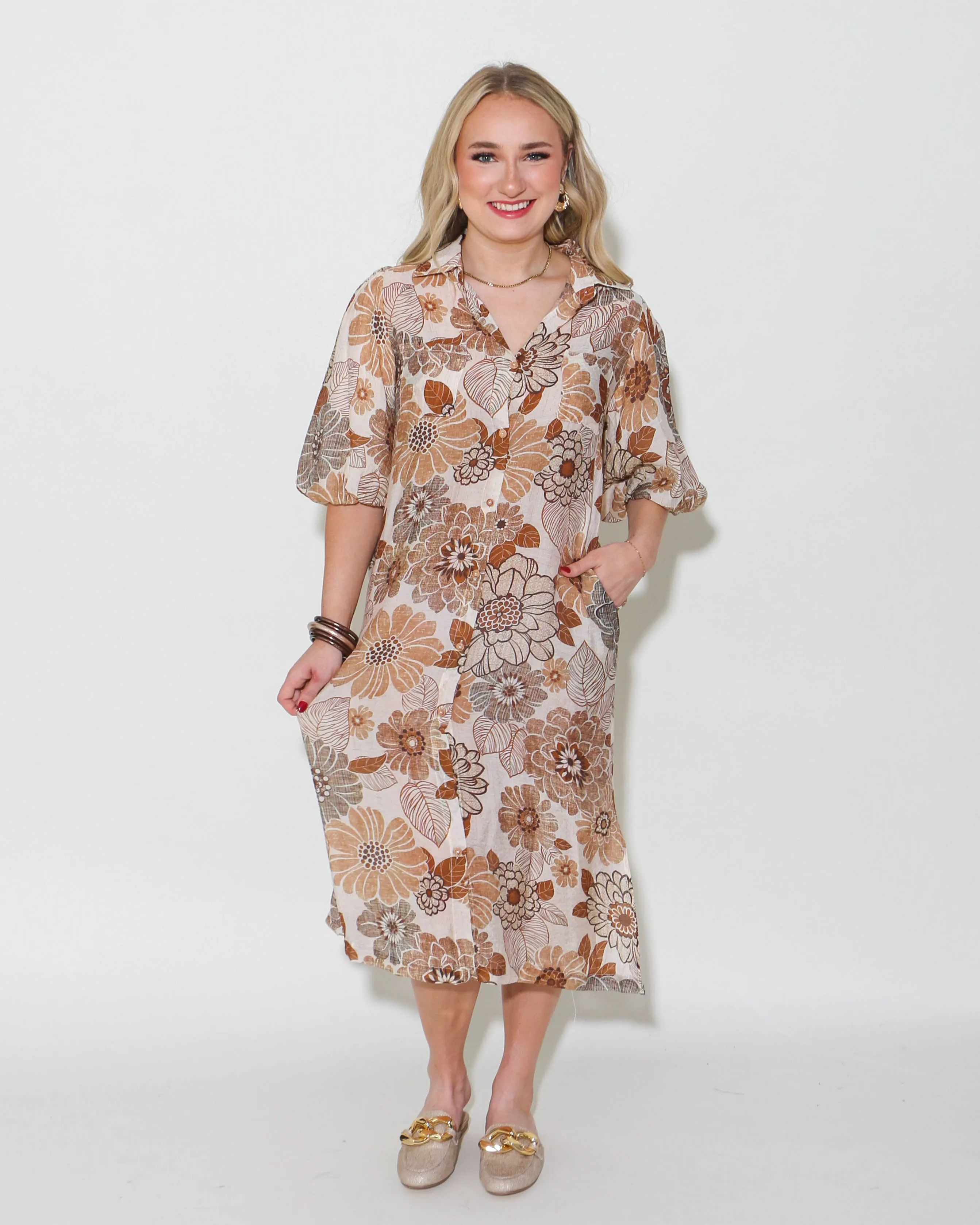 THML | Puff Sleeve Floral Dress in Cream