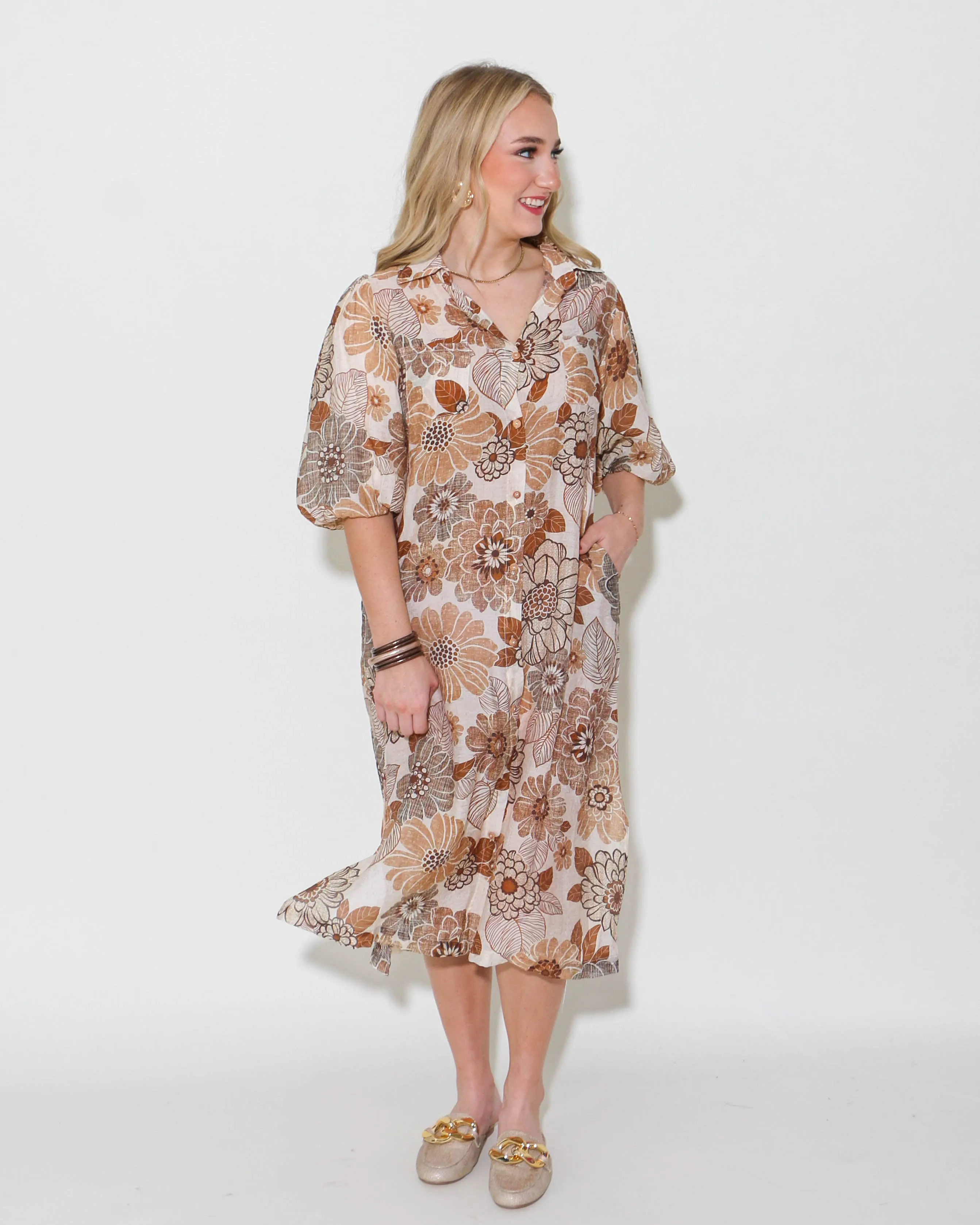 THML | Puff Sleeve Floral Dress in Cream