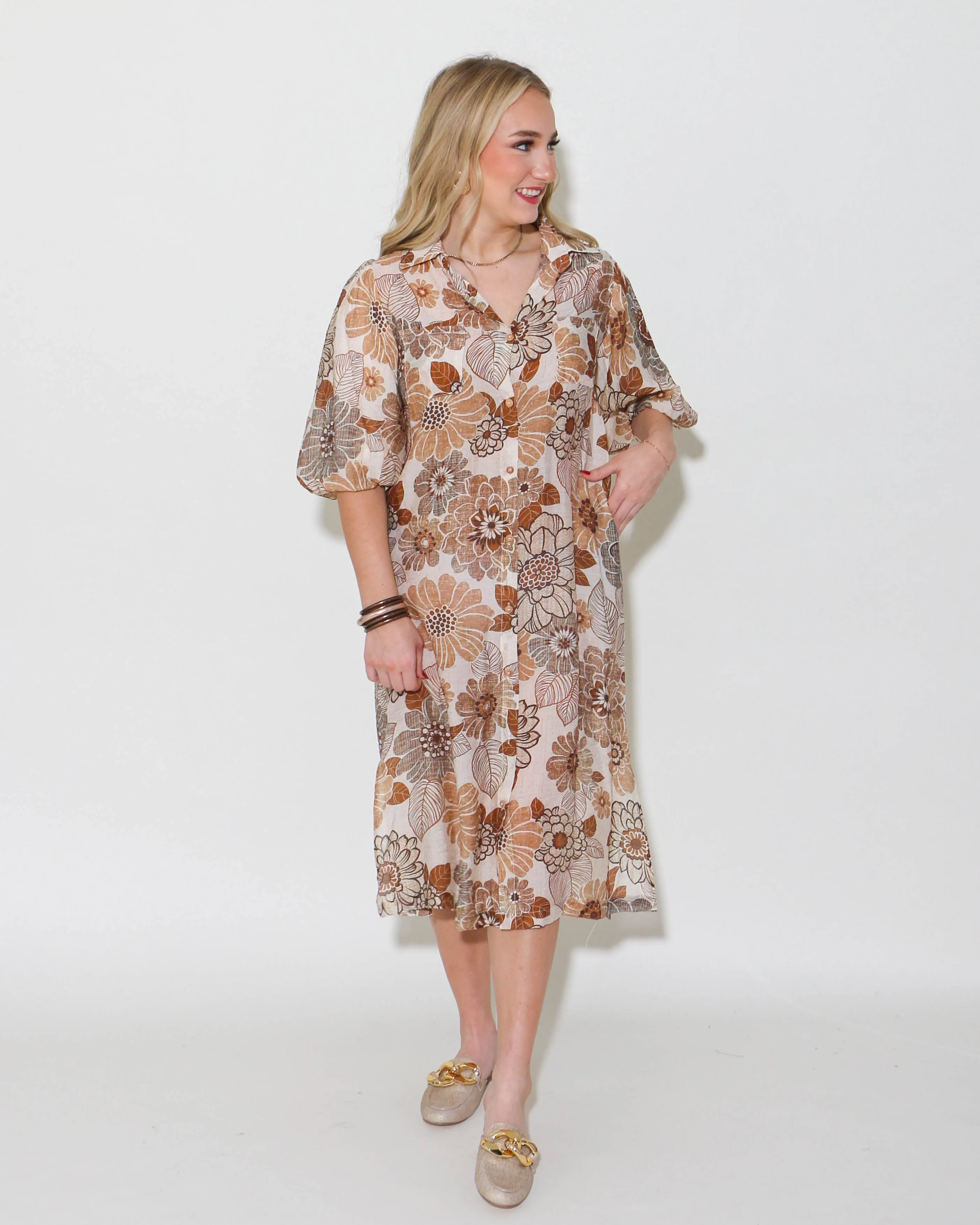 THML | Puff Sleeve Floral Dress in Cream