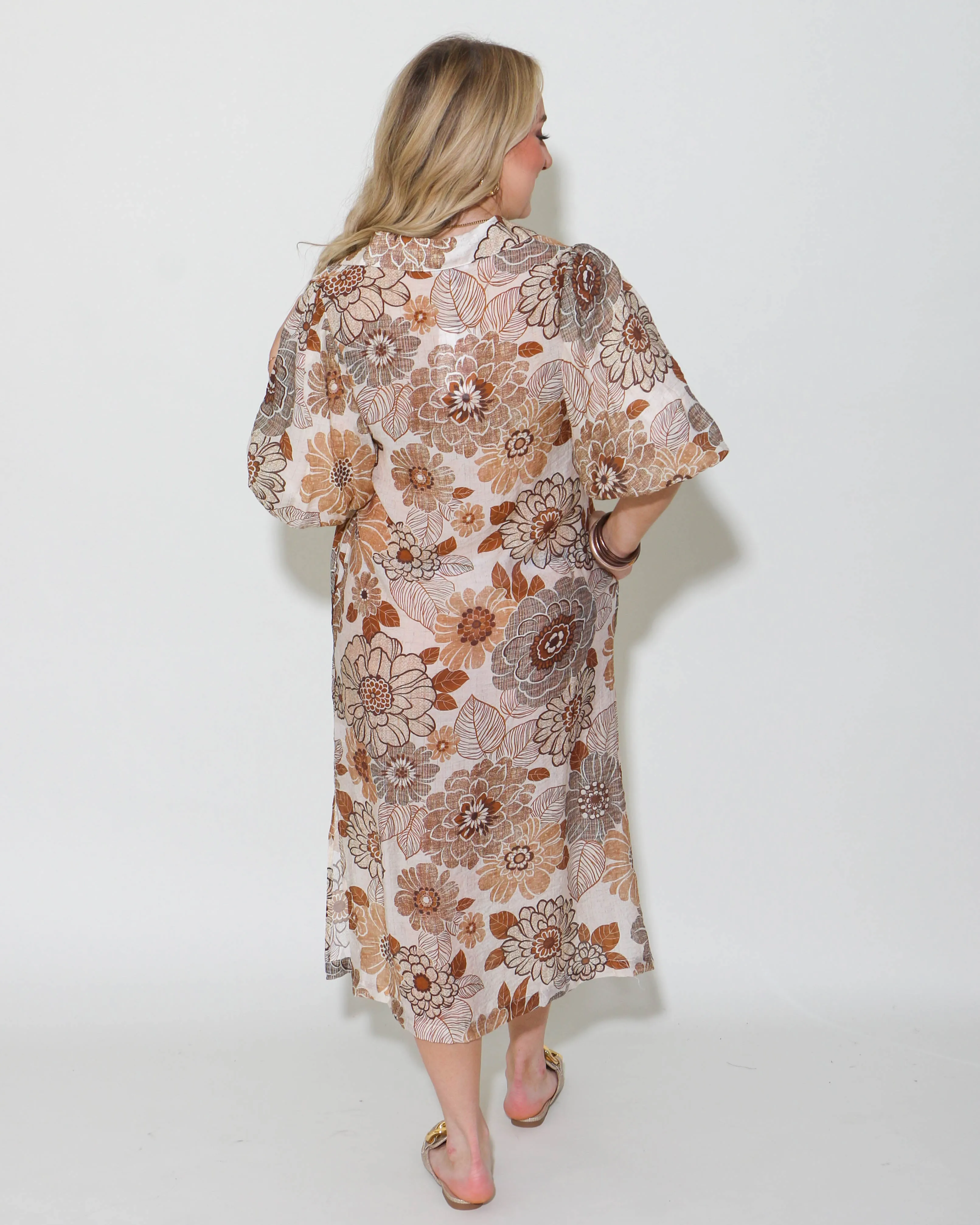 THML | Puff Sleeve Floral Dress in Cream