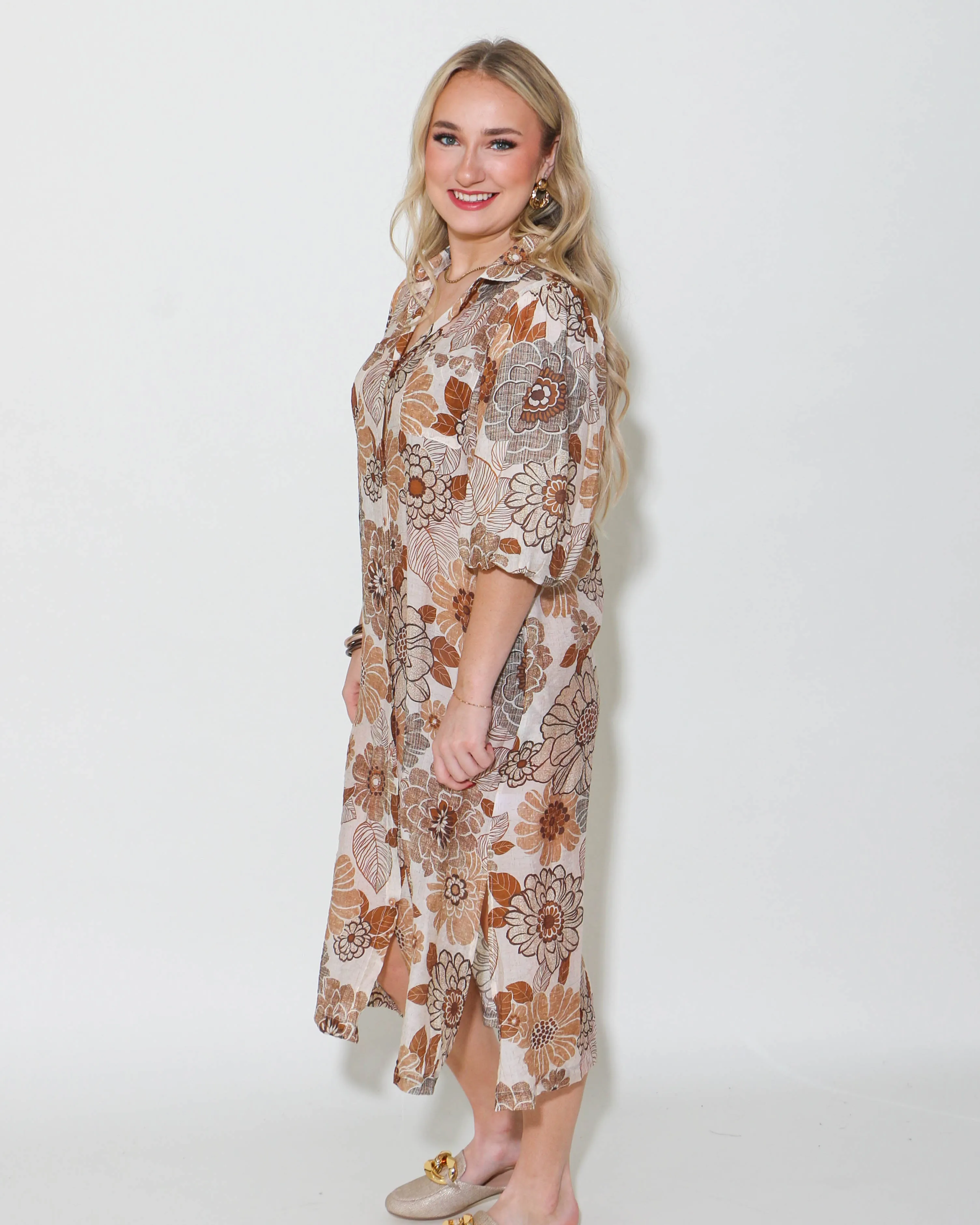 THML | Puff Sleeve Floral Dress in Cream