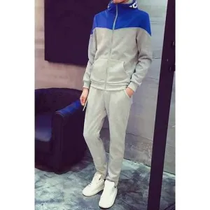 Trendy Color Block Splicing Polyester Slimming Men's Long Sleeve Hoodie and Sweatpants - Gray L