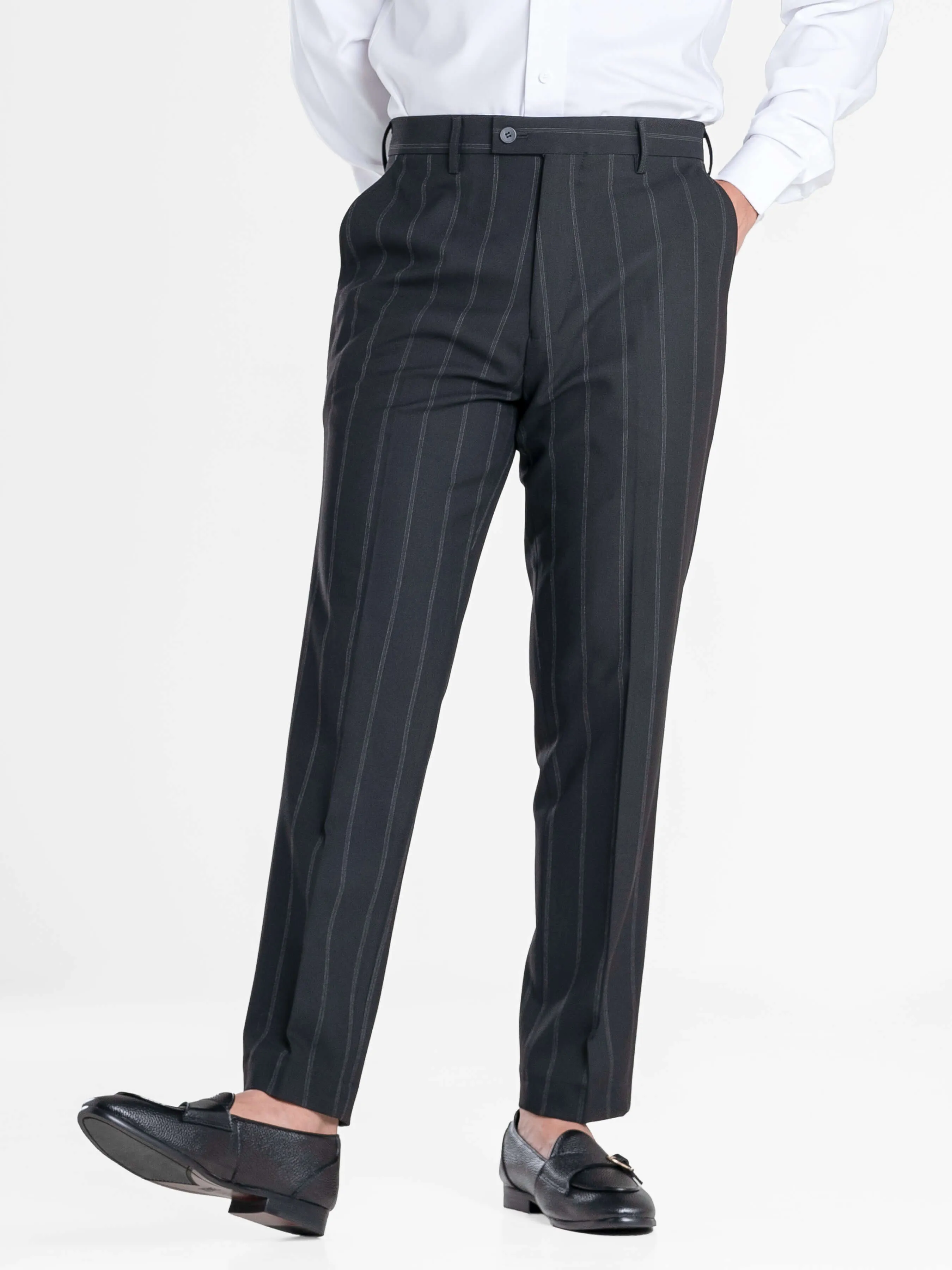 Trousers With Belt Loop -  Black Wide Stripes (Slim Straight)